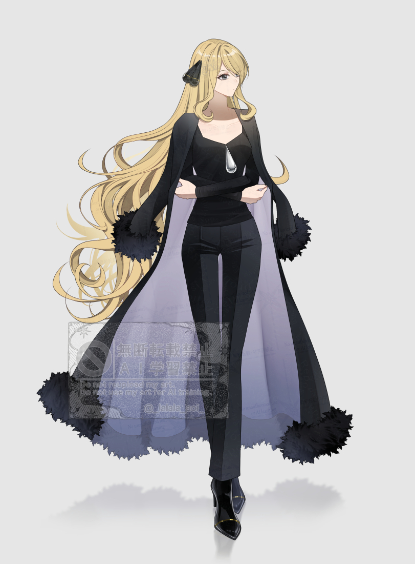 sakaralalala, cynthia (pokemon), nintendo, pokemon, pokemon dppt, 1girl, black jacket, black pants, black shirt, blonde hair, full body, green eyes, grey background, hair ornament, high heels, jacket, long hair, pants, shirt, simple background, solo, standing, watermark