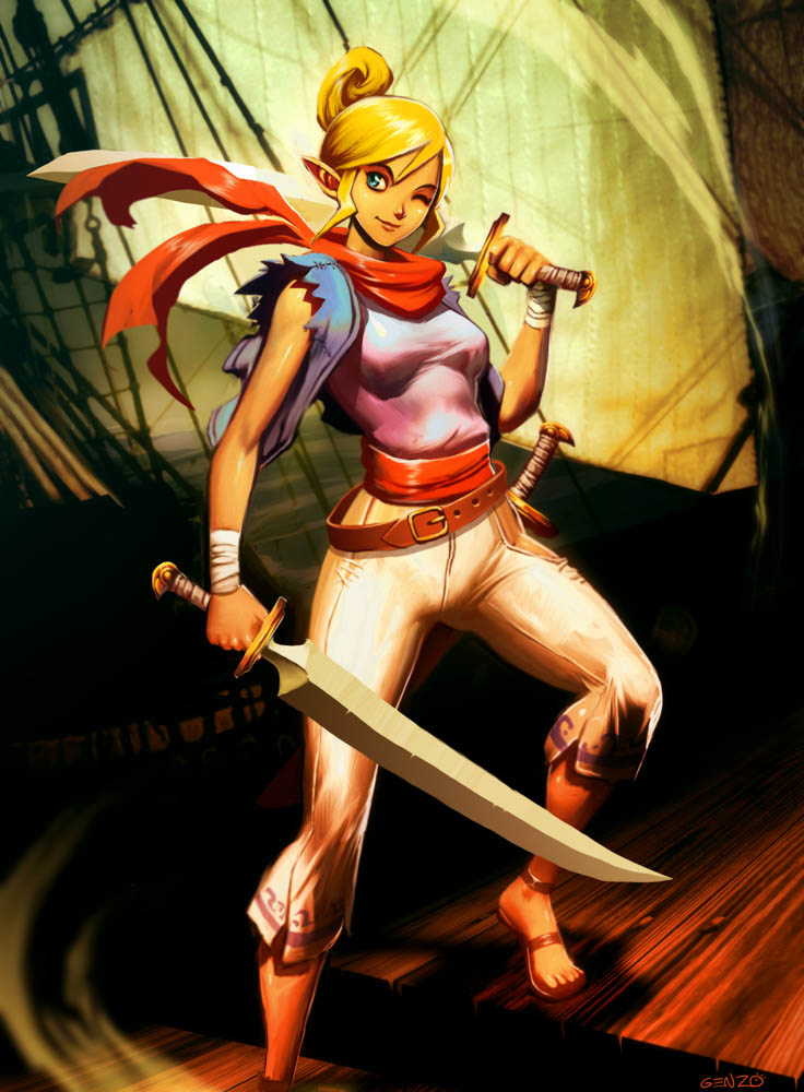 genzoman, tetra, nintendo, the legend of zelda, the legend of zelda: the wind waker, 1girl, aged up, anklet, belt, blonde hair, capri pants, female focus, jewelry, no bra, one eye closed, pants, pirate, pointy ears, sandals, ship, solo, sword, watercraft, weapon, wink