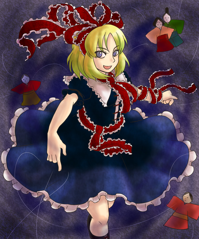 sugawarano, alice margatroid, kagiyama hina, touhou, 1girl, blonde hair, blue eyes, bow, cosplay, doll, dress, female focus, frills, gradient background, hair bow, hair ribbon, kagiyama hina (cosplay), ribbon, solo