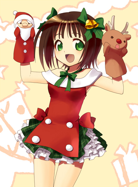 kiyoshi saya, amami haruka, idolmaster, idolmaster (classic), bad id, bad pixiv id, 00s, 1girl, bare shoulders, bell, brown hair, christmas, female focus, flat chest, frills, green eyes, hand puppet, jingle bell, puppet, reindeer, ribbon, santa costume, short hair, skirt, solo