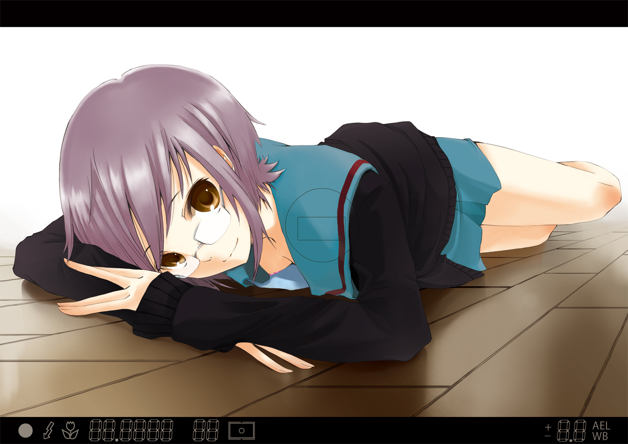ushi (ushi manji), nagato yuki, suzumiya haruhi no yuuutsu, bad id, bad pixiv id, 00s, 1girl, cardigan, female focus, glasses, school uniform, serafuku, short hair, smile, solo, viewfinder