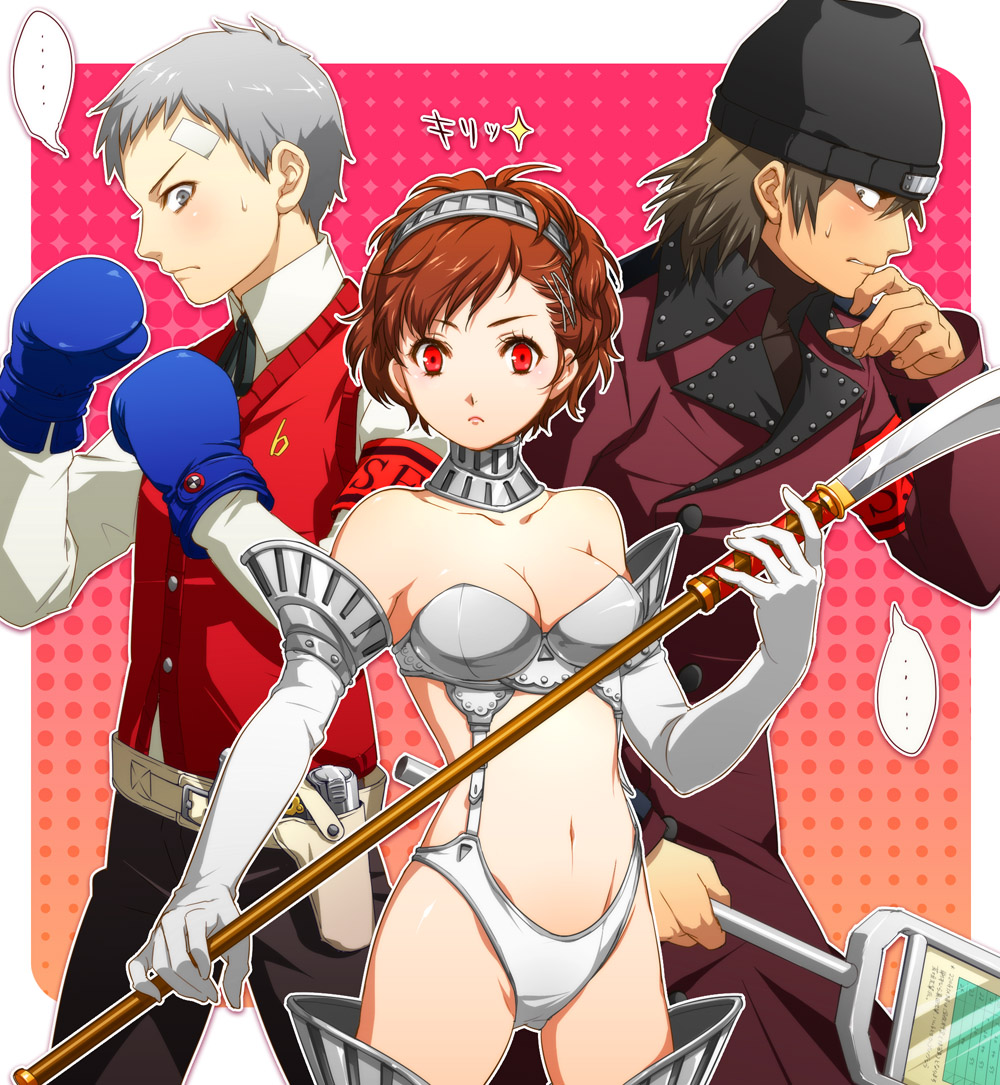 tetsukuzu tetsuko, aragaki shinjirou, sanada akihiko, shiomi kotone, atlus, persona, persona 3, persona 3 portable, 1girl, 2boys, armor, beanie, breasts, brown hair, cleavage, hat, high-cut armor (persona), multiple boys, school uniform, short hair