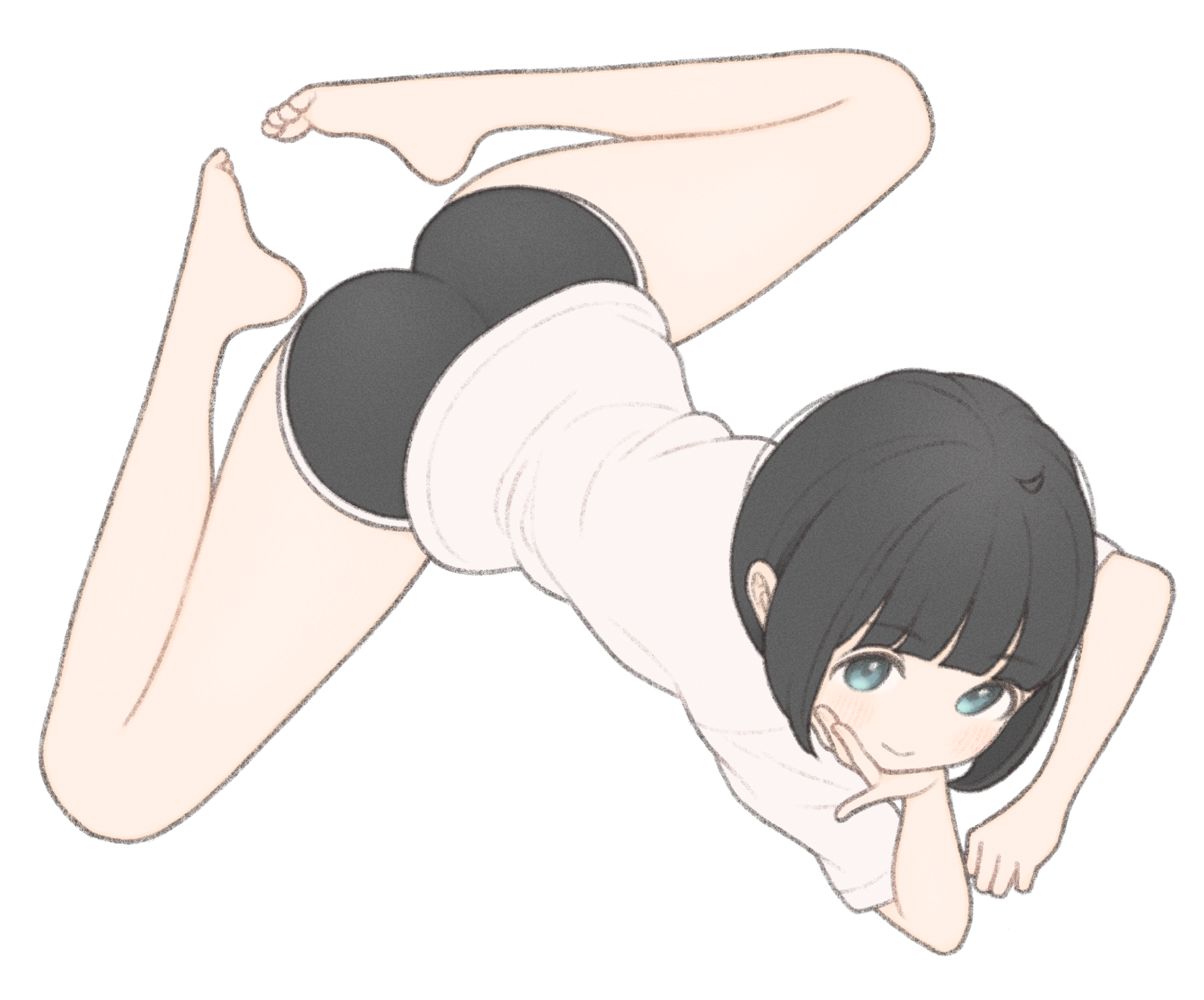 1ssakawaguchi, ichika (1ssakawaguchi), original, commentary, english commentary, highres, 1girl, ahoge, ass, bare legs, barefoot, black hair, black shorts, blue eyes, bob cut, closed mouth, feet, flexible, hand on own cheek, hand on own face, head rest, legs, light blush, looking at viewer, lying, on stomach, shirt, short hair, short shorts, short sleeves, shorts, simple background, smile, soles, solo, split, t-shirt, toes, white background