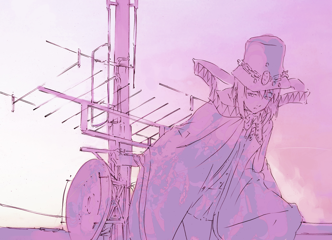 kitano yuusuke, boogiepop (character), boogiepop, 00s, 1girl, chain, cloak, female focus, hat, monochrome, outdoors, pink theme, purple theme, short hair, skirt, sky, solo, yin yang