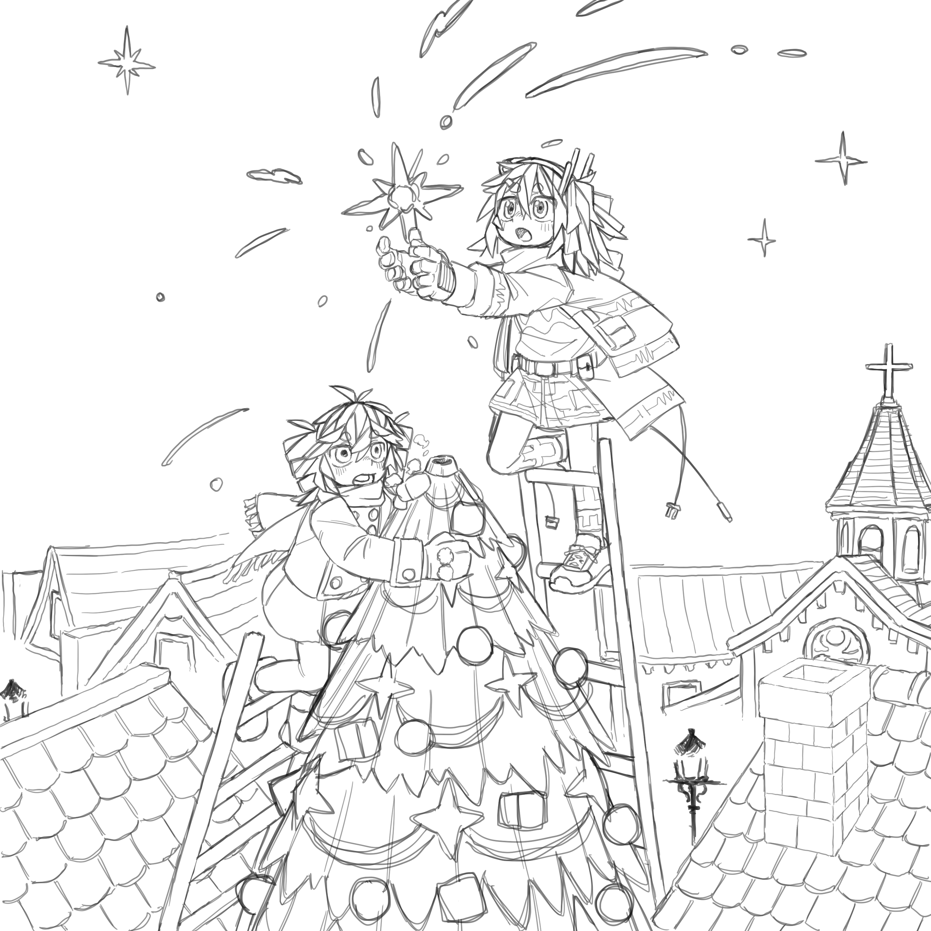 subaru namisaki, adachi rei, kasane teto, a.i. voice, utau, absurdres, highres, 2girls, blush, chimney, christmas tree, coat, double-parted bangs, drill hair, greyscale, hair between eyes, house, ladder, long sleeves, monochrome, multiple girls, open mouth, outdoors, pantyhose, rooftop, scarf, shoes, short hair, skirt, sparkle, standing, thick eyebrows