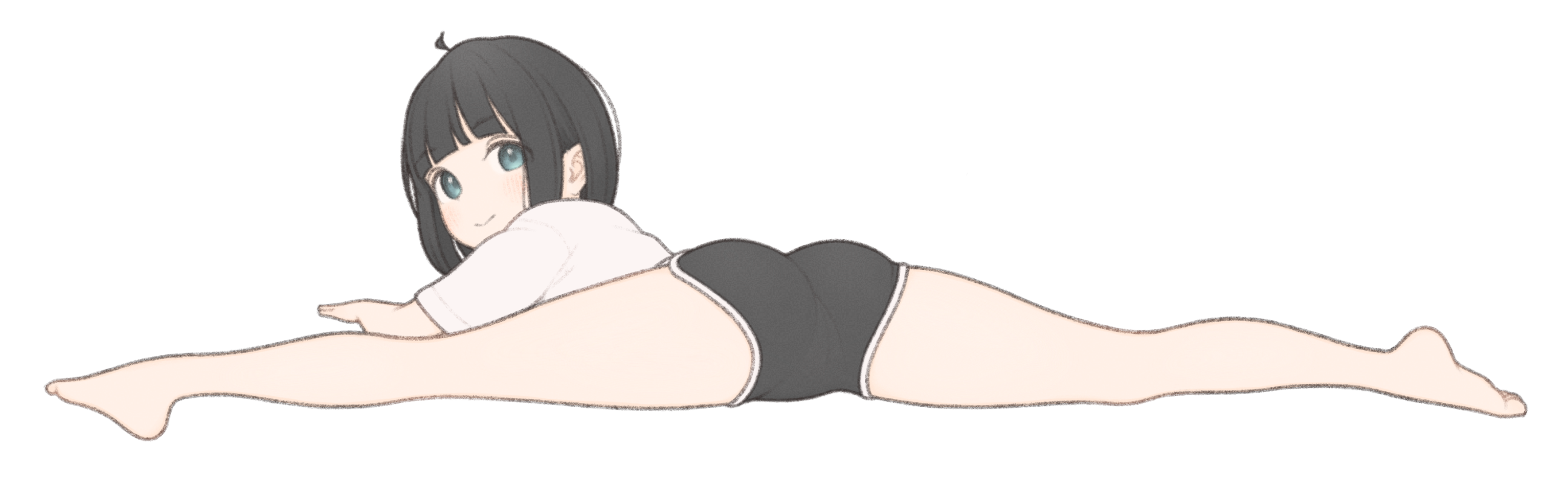 1ssakawaguchi, ichika (1ssakawaguchi), original, absurdres, highres, 1girl, ahoge, ass, barefoot, bob cut, brown hair, closed mouth, dolphin shorts, from behind, grey eyes, kneepits, legs, looking at viewer, lying, on stomach, shirt, short hair, short shorts, short sleeves, shorts, simple background, smile, solo, split, spread legs, stretching, t-shirt, white background, white shirt