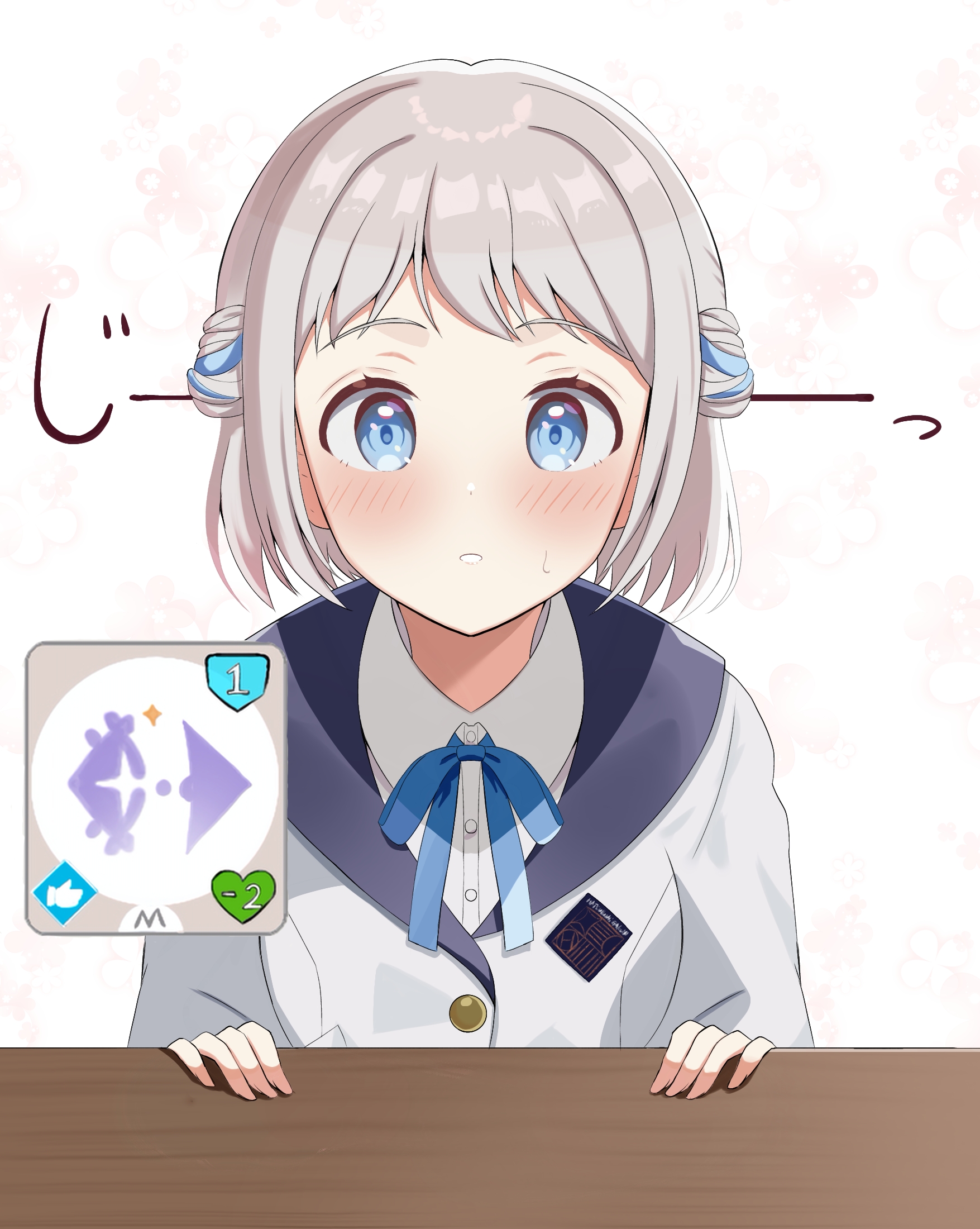 crouching start, katsuragi lilja, gakuen idolmaster, idolmaster, commentary request, highres, 1girl, blue eyes, blue ribbon, blush, braid, collared shirt, grey hair, hair ribbon, hatsuboshi gakuen school uniform, jacket, looking at viewer, neck ribbon, ribbon, ribbon braid, school uniform, shirt, short hair, solo, staring, straight-on, sweatdrop, upper body, white jacket, white shirt