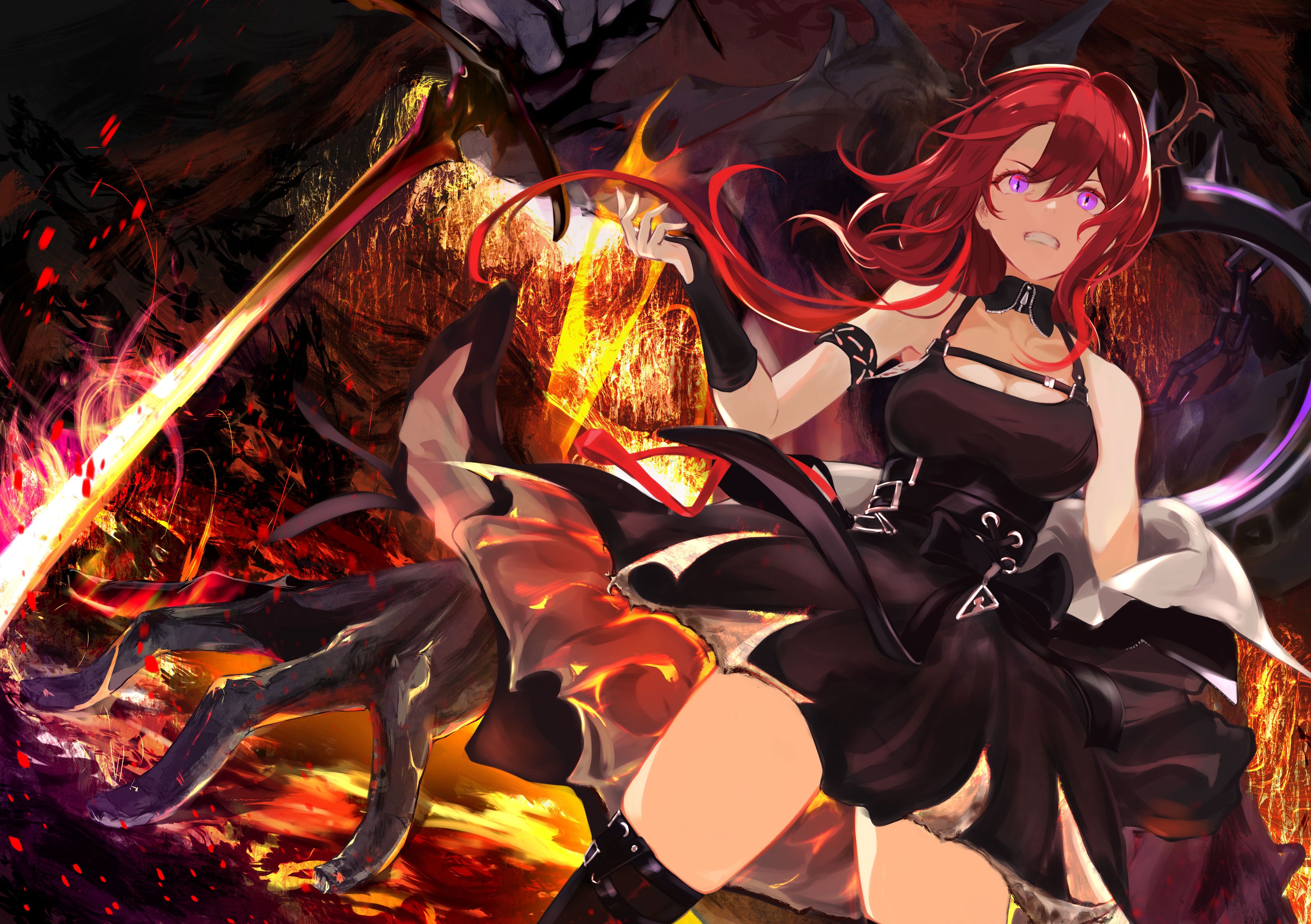 utsuke, surtr (arknights), arknights, absurdres, commentary request, highres, 1girl, bare shoulders, black dress, black jacket, breasts, chest strap, cleavage, clenched teeth, collarbone, cowboy shot, demon girl, demon horns, dress, hair between eyes, hair intakes, hand up, horns, jacket, large breasts, lava, long hair, looking at viewer, open mouth, purple eyes, red hair, solo, standing, sword, teeth, thighs, weapon