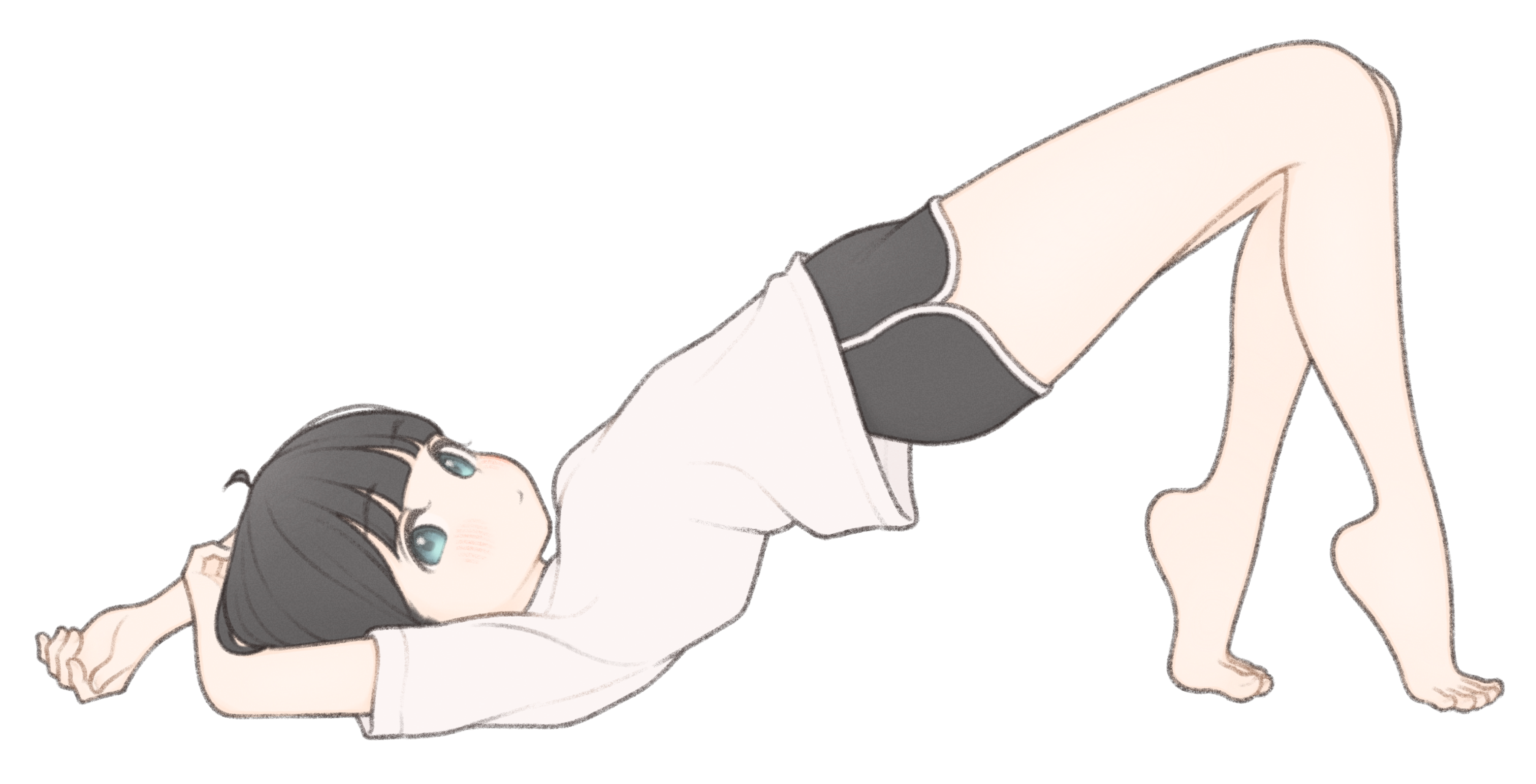 1ssakawaguchi, ichika (1ssakawaguchi), original, absurdres, highres, 1girl, ahoge, arched back, arms up, barefoot, black shorts, brown hair, dolphin shorts, feet, from side, grey eyes, legs, light blush, looking at viewer, shirt, short hair, short shorts, short sleeves, shorts, simple background, solo, t-shirt, thighs, tiptoes, toes, top-down bottom-up, white background, white shirt