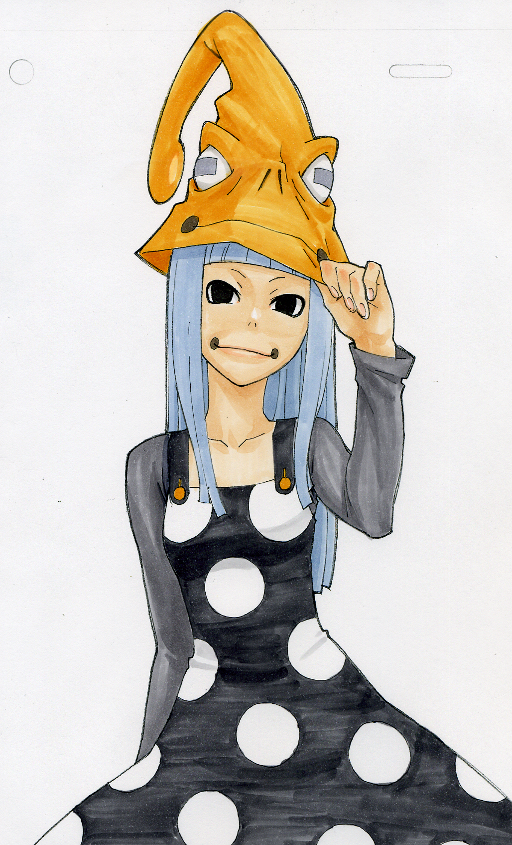gorigo, eruka frog, soul eater, highres, traditional media, 00s, 1girl, black eyes, blue hair, dress, female focus, hat, polka dot, simple background, solo