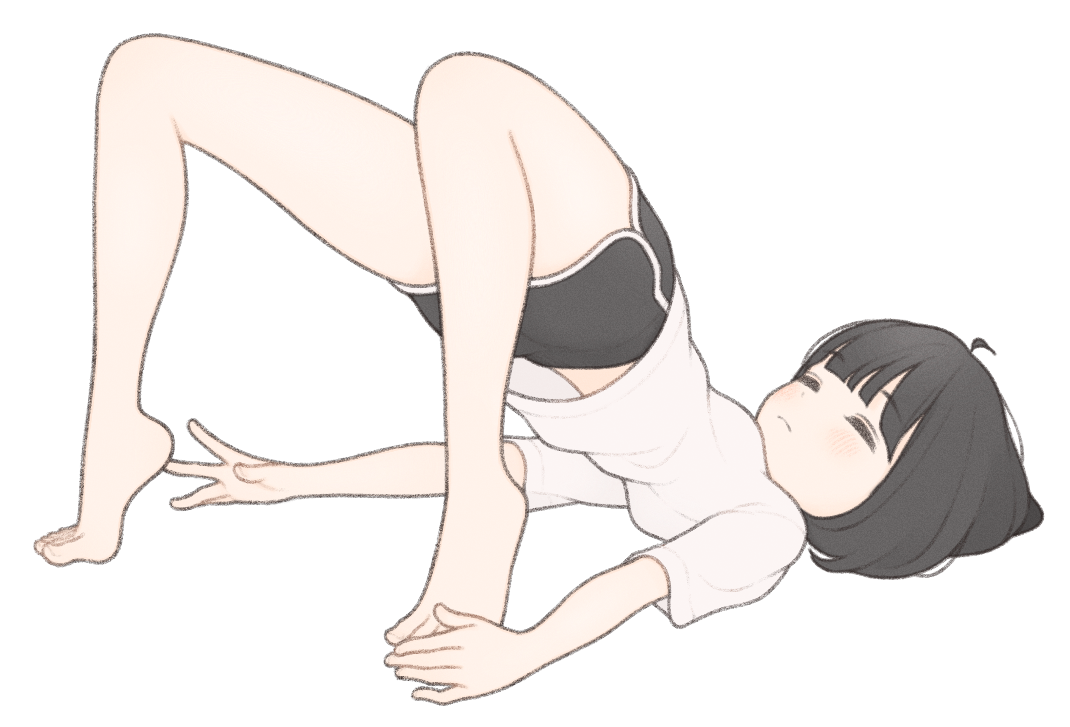 1ssakawaguchi, ichika (1ssakawaguchi), original, absurdres, commentary, highres, symbol-only commentary, 1girl, ahoge, barefoot, black shorts, blush, bob cut, brown hair, closed eyes, closed mouth, dolphin shorts, feet, full body, hand on own foot, legs apart, lying, midriff peek, on back, shirt, short hair, short shorts, short sleeves, shorts, simple background, solo, tiptoes, toes, top-down bottom-up, white background, white shirt