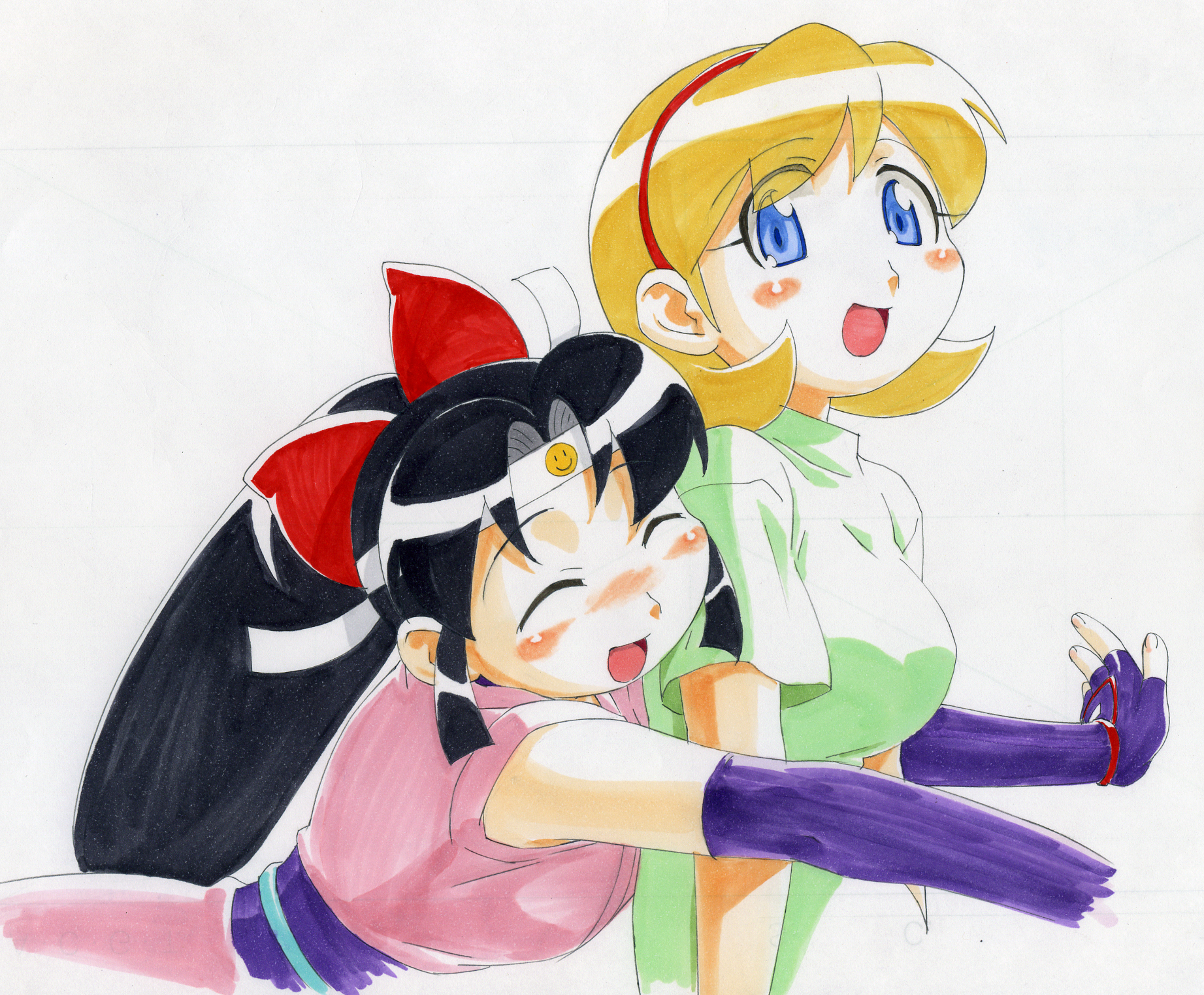 gorigo, shinobu (ninin ga shinobuden), shiranui kaede, ninin ga shinobuden, highres, traditional media, 00s, 2girls, black hair, blonde hair, blue eyes, fingerless gloves, gloves, long hair, multiple girls, simple background