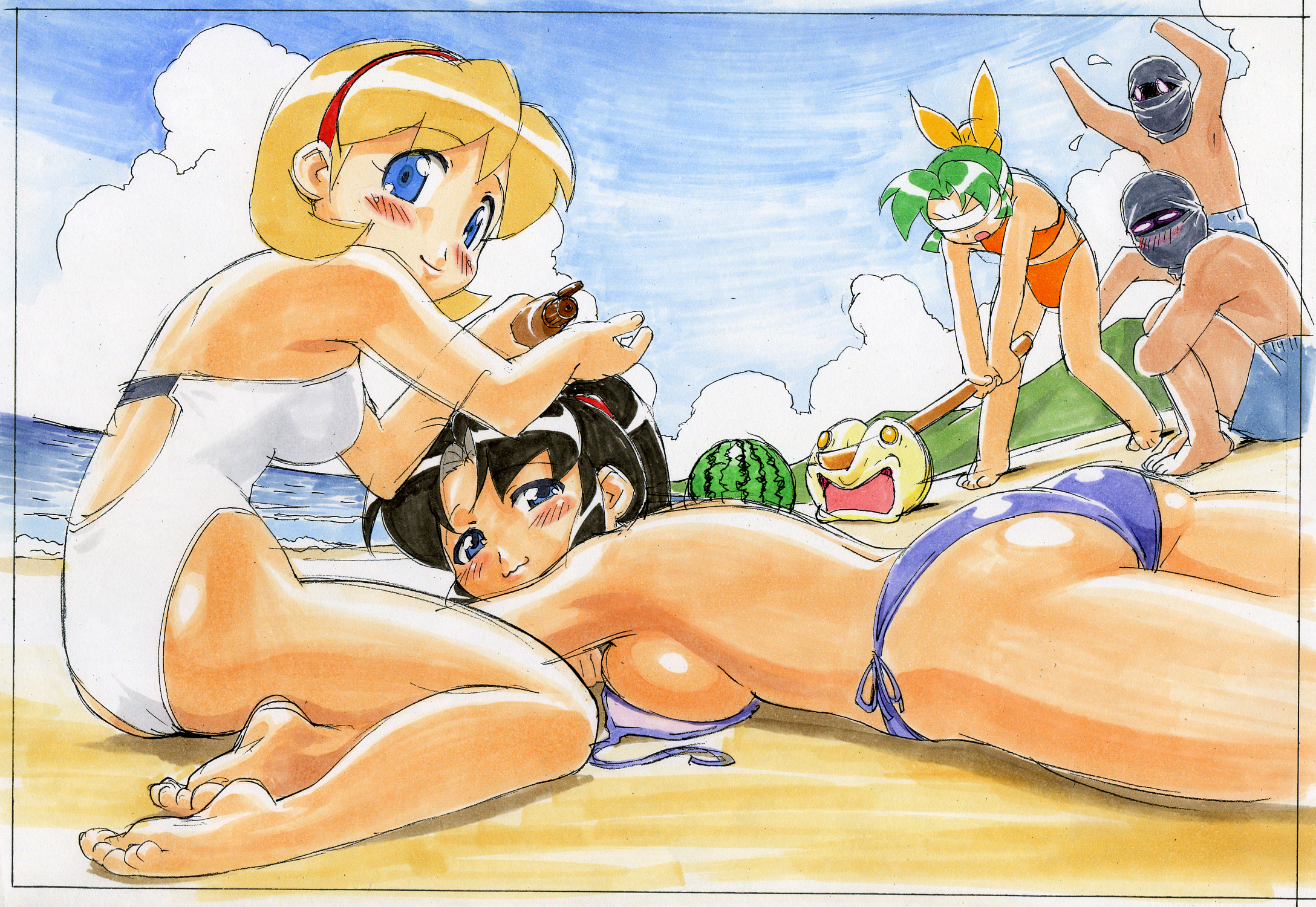 gorigo, ishikawa hideki, miyabi, onsokumaru, sasuke, shinobu (ninin ga shinobuden), shiranui kaede, ninin ga shinobuden, oil, derivative work, highres, marker (medium), traditional media, 00s, 3girls, ass, barefoot, beach, bikini, black hair, blindfold, blonde hair, blue eyes, blunt bangs, blush, bow, breast press, breasts, cloud, day, feet, food, fruit, green hair, hair bow, hairband, hime cut, large breasts, looking back, lying, medium breasts, multiple girls, ninja, ocean, on stomach, open mouth, outdoors, ponytail, production art, short hair, side-tie bikini bottom, sideboob, sketch, sky, smile, soles, suikawari, sweatdrop, swimsuit, sword, toes, water, watermelon, weapon