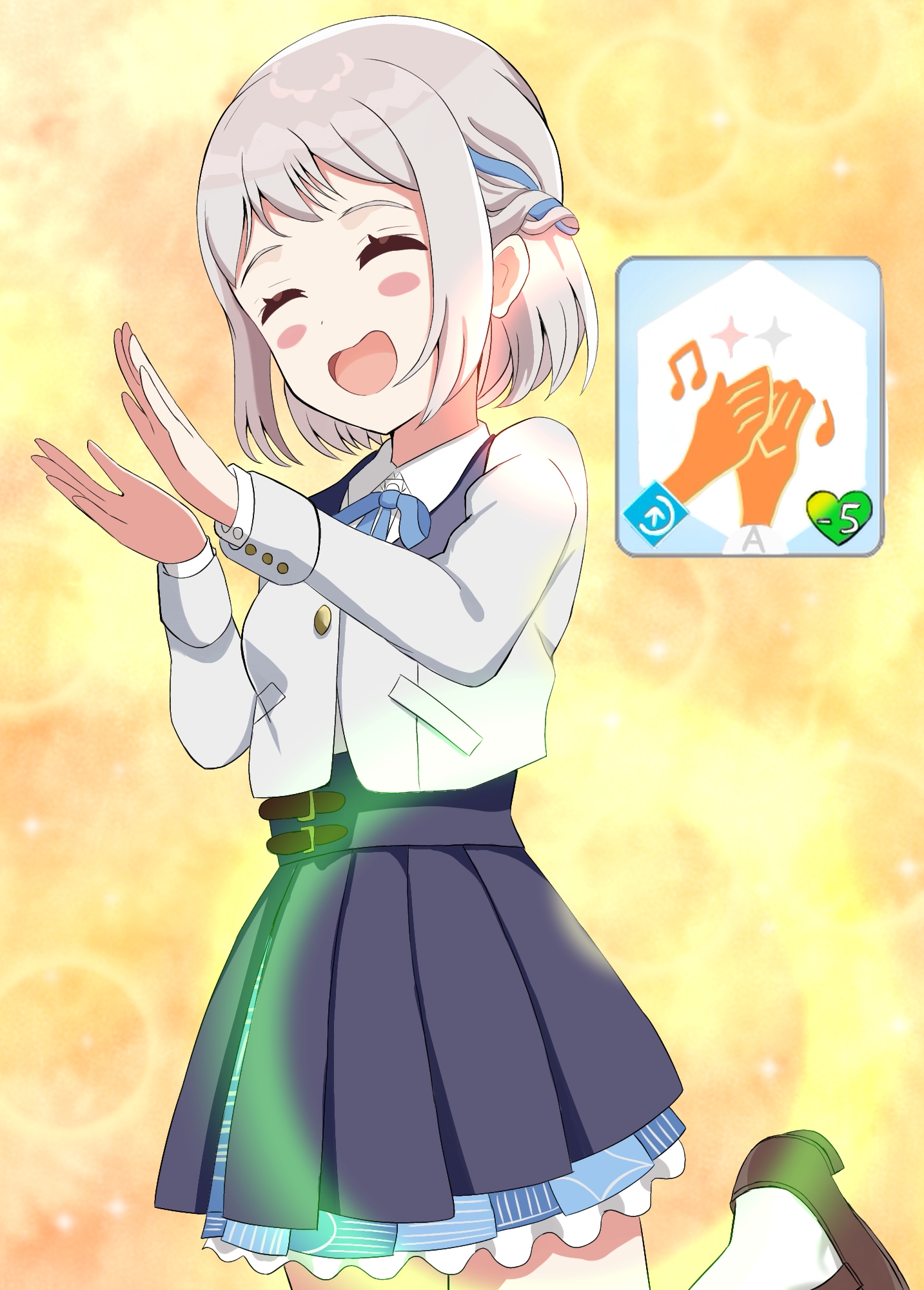 crouching start, katsuragi lilja, gakuen idolmaster, idolmaster, commentary request, highres, 1girl, :d, blue ribbon, blue skirt, blush, blush stickers, braid, clapping, closed eyes, collared shirt, grey hair, hair ribbon, half up braid, hatsuboshi gakuen school uniform, jacket, leg up, long sleeves, neck ribbon, open mouth, pleated skirt, ribbon, ribbon braid, school uniform, shirt, shoes, short hair, skirt, smile, socks, solo, white jacket, white shirt, white socks