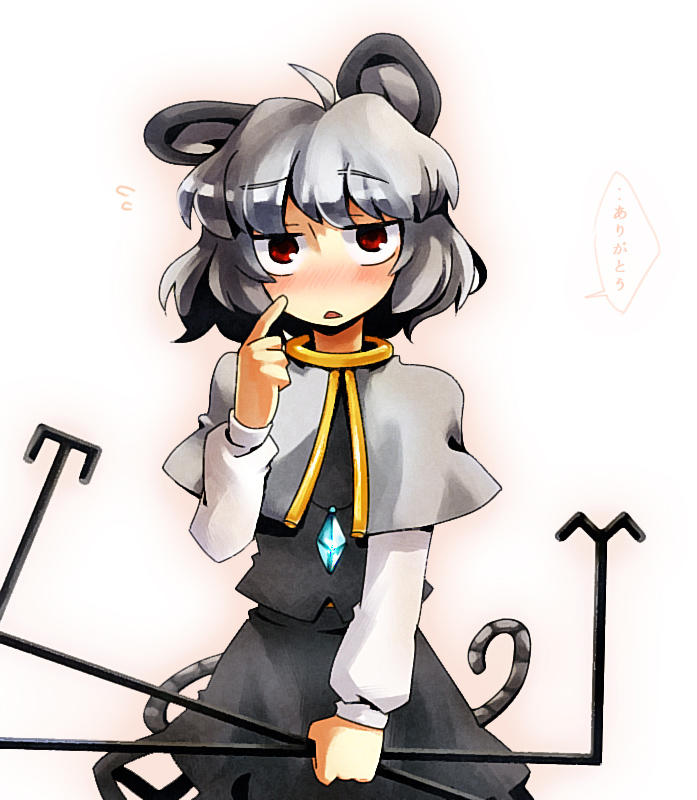 nightea, nazrin, touhou, translated, 1girl, ahoge, animal ears, blush, capelet, dowsing rod, faux traditional media, female focus, grey hair, jewelry, mouse ears, mouse tail, mousegirl, pendant, red eyes, solo, tail