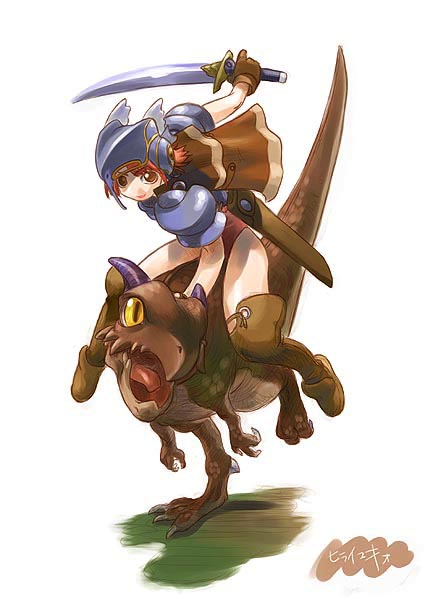 hirai yukio, original, archived source, bad link, 1girl, armor, boots, brown boots, brown cape, brown eyes, brown leotard, brown tail, cape, claws, closed mouth, dinosaur, fantasy, full body, helmet, holding, holding weapon, horns, leather, leather boots, leotard, machete, matches, nostrils, open mouth, orange hair, pauldrons, purple horns, riding, riding dinosaur, sheath, shoulder armor, silver armor, simple background, slit pupils, small horns, smile, thigh boots, unsheathed, weapon, white background, winged helmet, yellow eyes