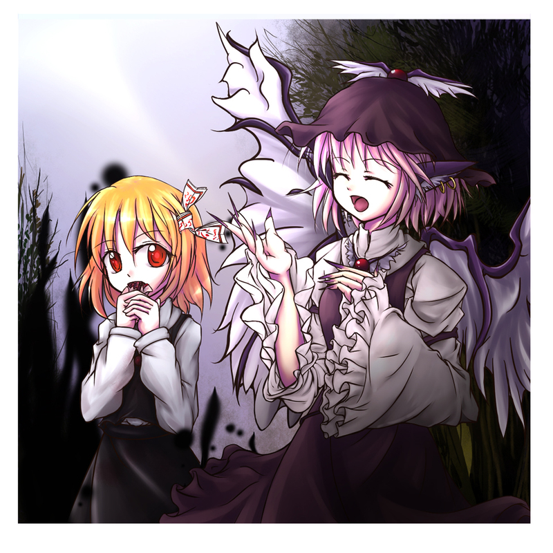 gr (artist), mystia lorelei, rumia, touhou, bad id, bad pixiv id, 2girls, animal ears, blonde hair, closed eyes, earrings, eating, female focus, fingernails, hair ribbon, hat, jewelry, long fingernails, multiple girls, music, nail (hardware), pink hair, red eyes, ribbon, short hair, singing, wings