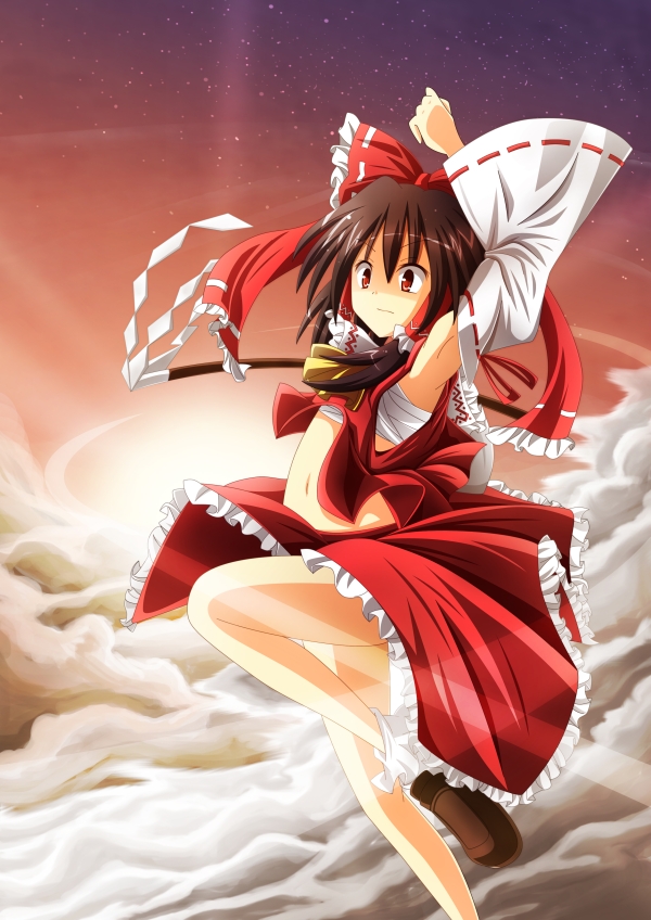 roshin, hakurei reimu, touhou, 1girl, bow, brown hair, detached sleeves, female focus, gradient background, hair bow, japanese clothes, miko, navel, outdoors, sarashi, skirt, sky, solo