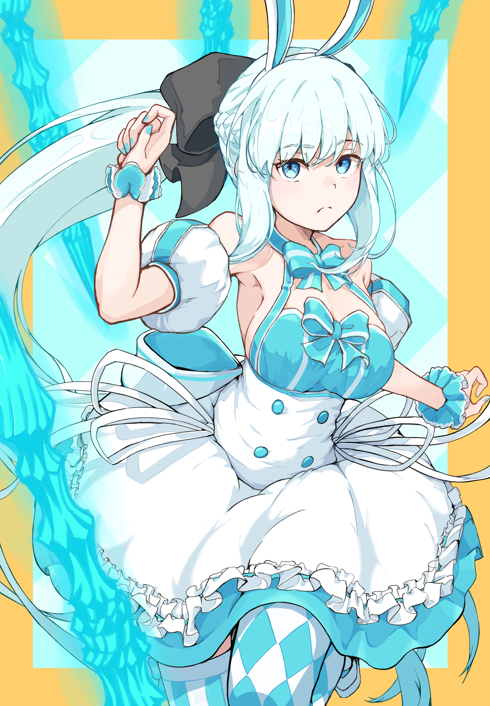 kamesan231, artoria caster (fate), artoria caster (swimsuit berserker) (second ascension) (fate), artoria pendragon (fate), morgan le fay (fate), fate/grand order, fate (series), commentary request, highres, 1girl, animal ears, argyle clothes, argyle thighhighs, artoria caster (swimsuit berserker) (second ascension) (fate) (cosplay), bare shoulders, black bow, blue dress, blue eyes, blue thighhighs, bow, braid, breasts, cleavage, cosplay, dress, fake animal ears, grey hair, hair bow, hairband, large breasts, long hair, looking at viewer, ponytail, puffy short sleeves, puffy sleeves, rabbit ears, short sleeves, sidelocks, skirt, solo, striped clothes, striped thighhighs, thighhighs, thighs, twintails, very long hair, white skirt