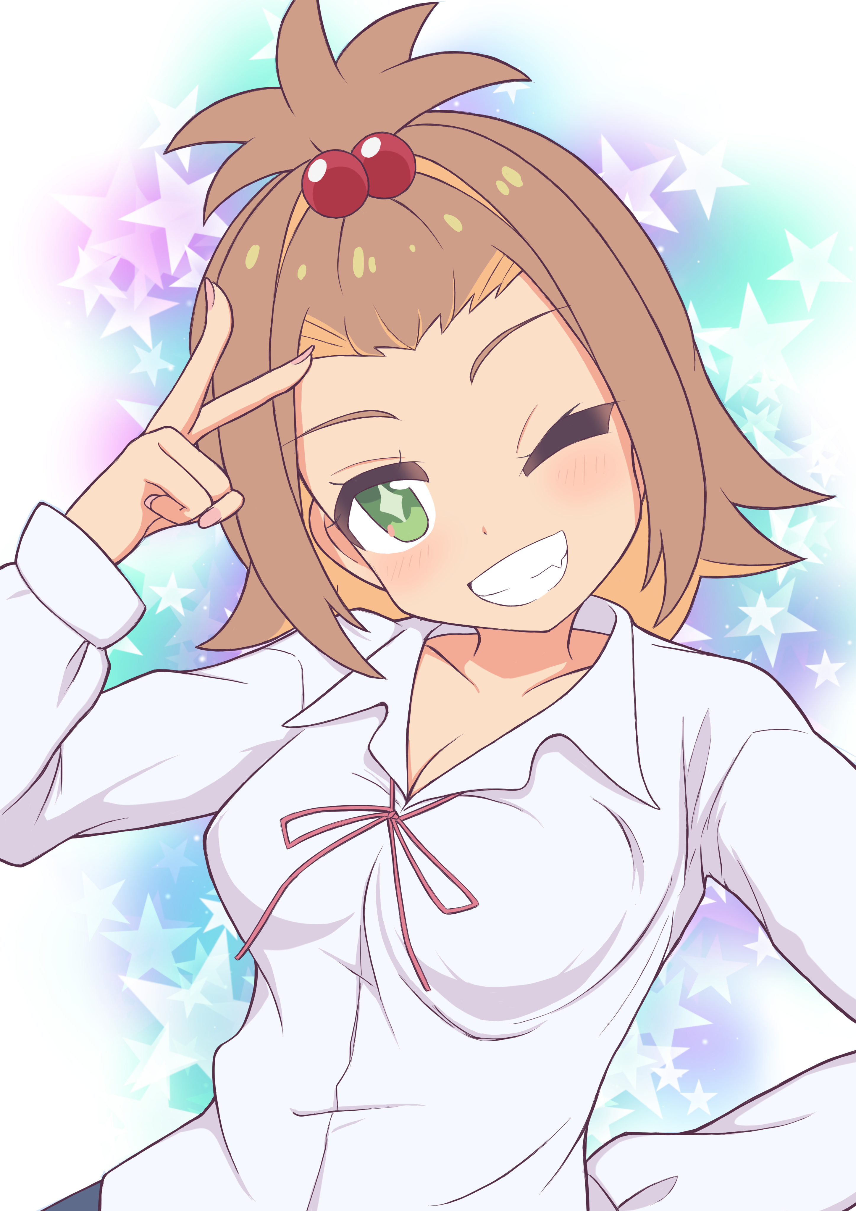 fley0205, oka asahi, onii-chan wa oshimai!, absurdres, commentary, highres, 1girl, ;), alternate breast size (larger), bangs pinned back, blush, breasts, brown hair, cleavage, collarbone, colored inner hair, diamond-shaped pupils, diamond (shape), fang, green eyes, grin, gyaru, hair bobbles, hair ornament, hand on own hip, kogal, long sleeves, medium breasts, medium hair, multicolored hair, neck ribbon, one eye closed, orange hair, red ribbon, ribbon, shirt, simple background, smile, solo, star (symbol), symbol-shaped pupils, two-tone hair, upper body, v, white shirt