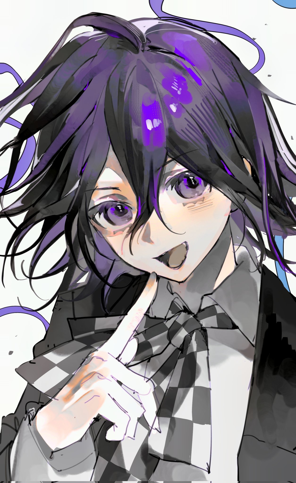 yukii masako, oma kokichi, danganronpa (series), danganronpa v3: killing harmony, commentary, highres, symbol-only commentary, 1boy, alternate costume, bishounen, black hair, blush, checkered clothes, checkered ribbon, flipped hair, formal clothes, hair between eyes, hand up, index finger raised, jacket, long sleeves, looking at viewer, male focus, medium hair, messy hair, neck ribbon, open mouth, portrait, purple eyes, purple hair, purple ribbon, ribbon, shirt, short hair, simple background, smile, solo, white background