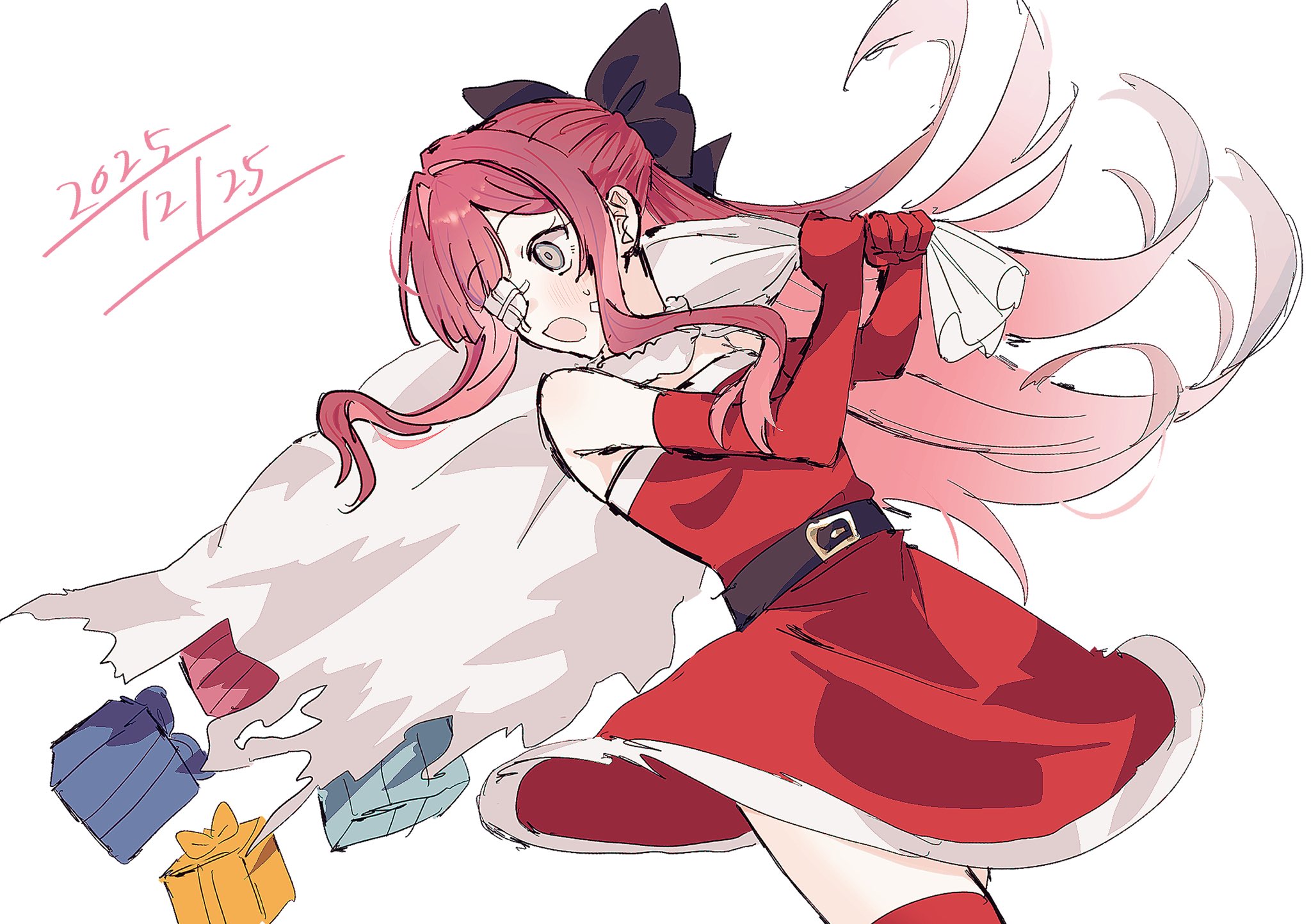 xxed h, yuri (project moon), limbus company, project moon, highres, 1girl, alternate costume, bare shoulders, belt, belt buckle, black belt, black bow, bow, box, buckle, christmas, dated, dress, elbow gloves, fur-trimmed gloves, fur trim, gauze, gauze over eye, gift, gift box, gloves, grey eyes, hair bow, hair intakes, holding, holding sack, long hair, looking back, pink hair, red dress, red gloves, red thighhighs, sack, santa costume, santa dress, simple background, solo, strapless, strapless dress, surprised, sweat, thighhighs, torn sack, white background, wide-eyed