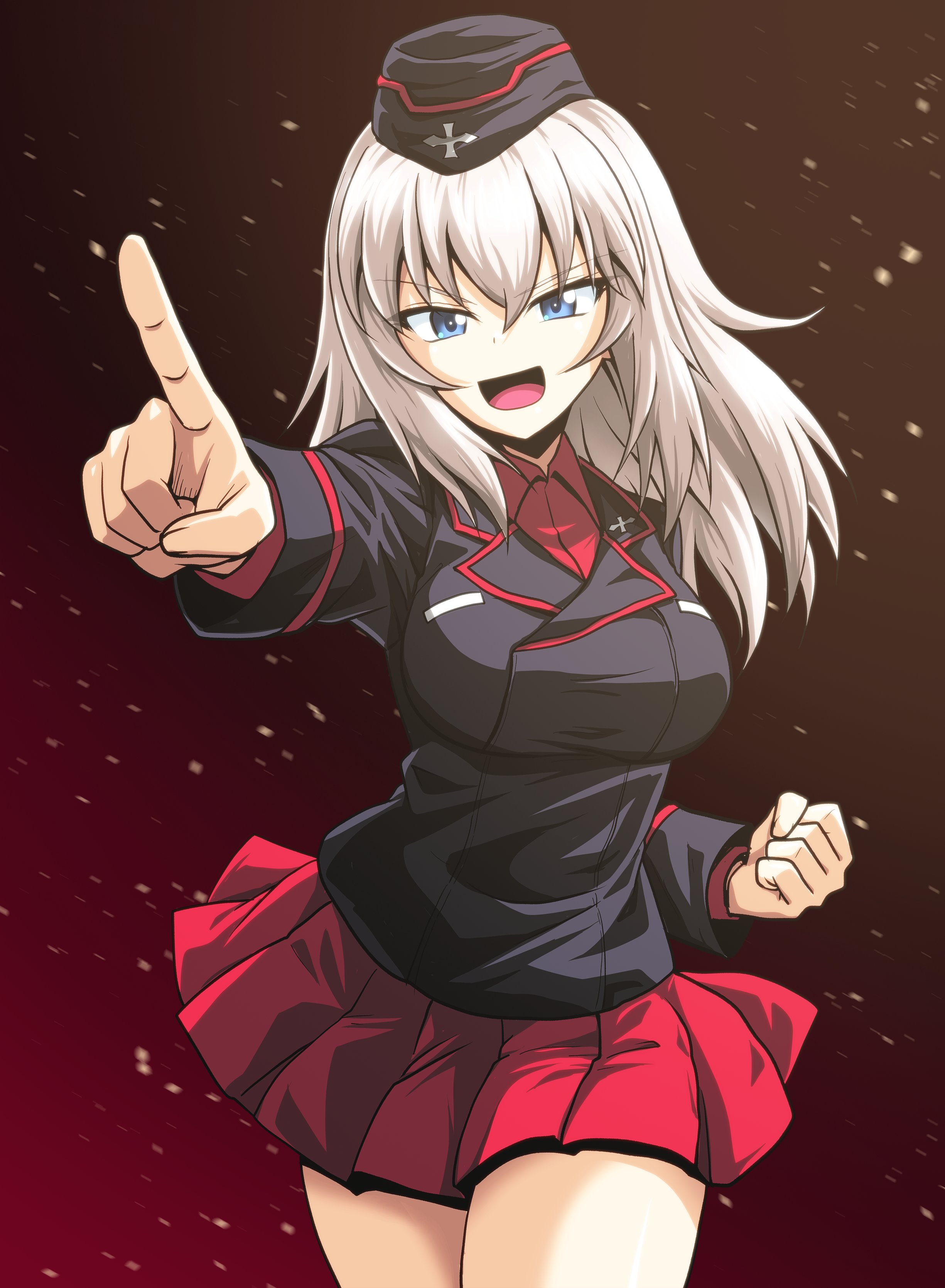 kamishima kanon, itsumi erika, girls und panzer, absurdres, commentary request, highres, 1girl, black background, black jacket, blue eyes, breasts, clenched hand, feet out of frame, grey hair, hat, jacket, kuromorimine military uniform, large breasts, open mouth, pointing, red shirt, red skirt, school uniform, shirt, skirt, solo, standing