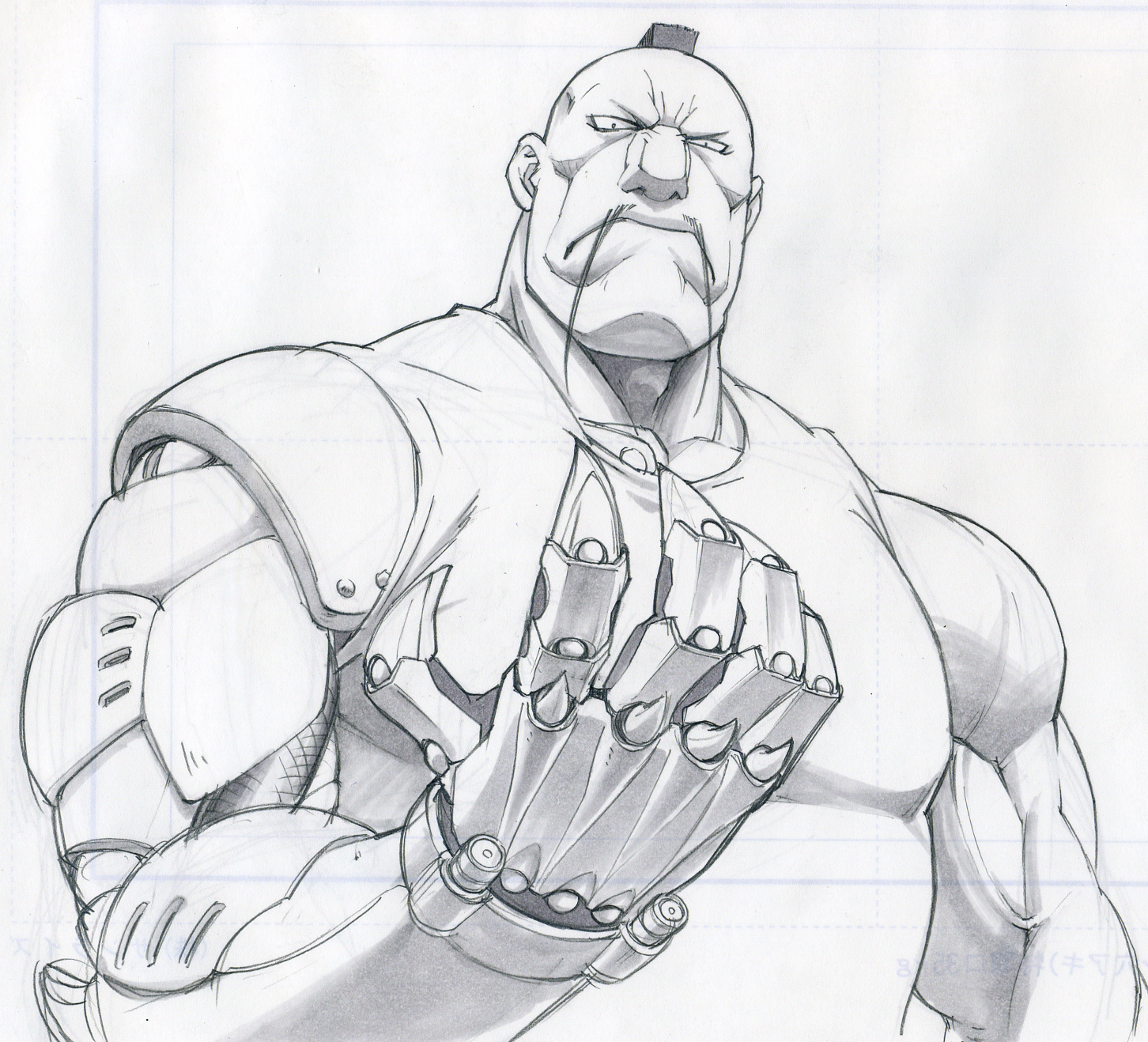 gorigo, buccaneer (fma), fullmetal alchemist, highres, 00s, 1boy, automail, buccaneer, greyscale, male focus, mechanical arms, mohawk, monochrome, muscular, single mechanical arm, sketch, solo