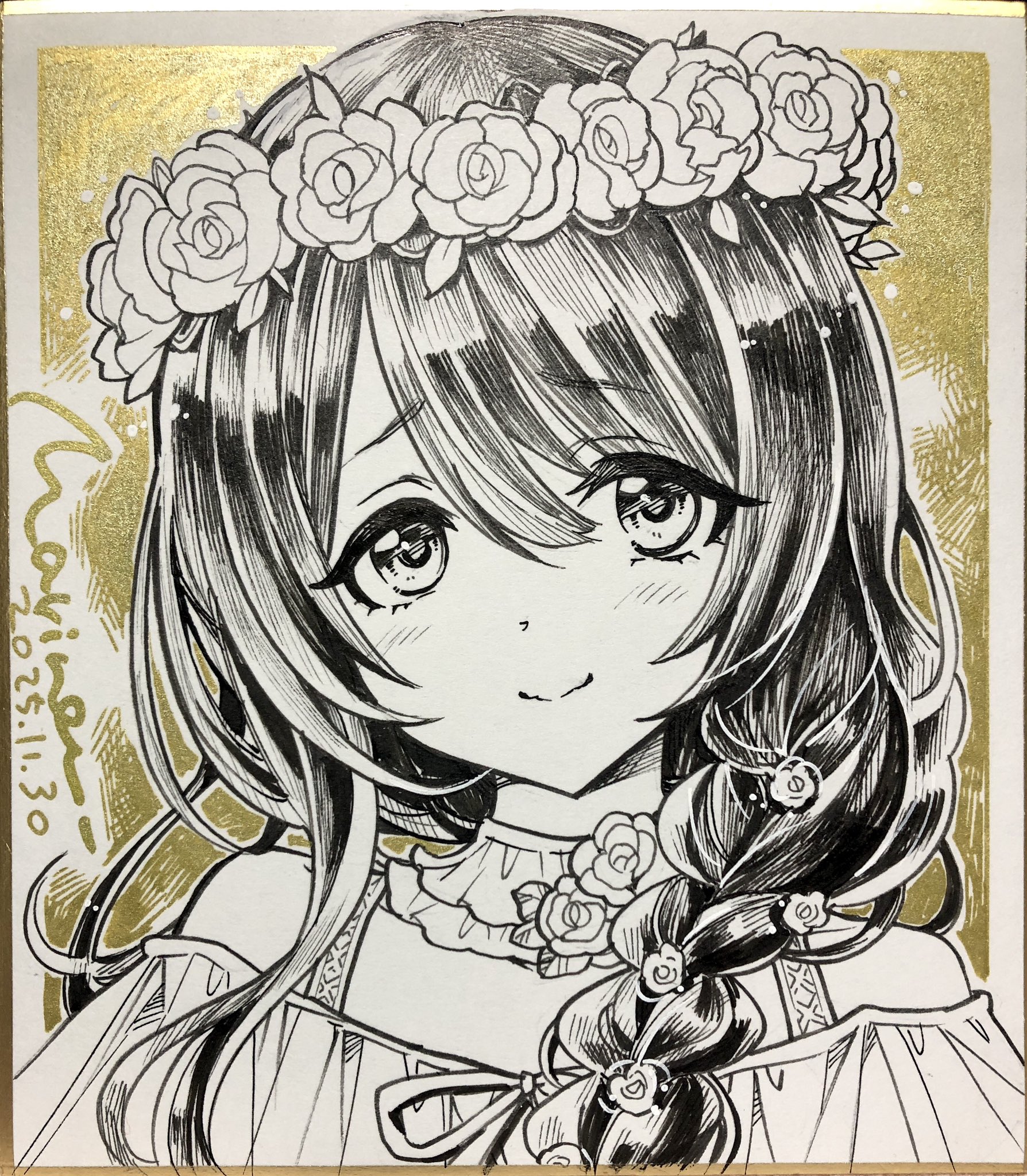 marine (confeitokobo), character request, commentary request, copyright request, highres, traditional media, 1girl, blush, braid, closed mouth, dated, flower, greyscale, hair between eyes, head wreath, long hair, looking at viewer, monochrome, off-shoulder shirt, off shoulder, portrait, rose, shirt, signature, single braid, smile, solo