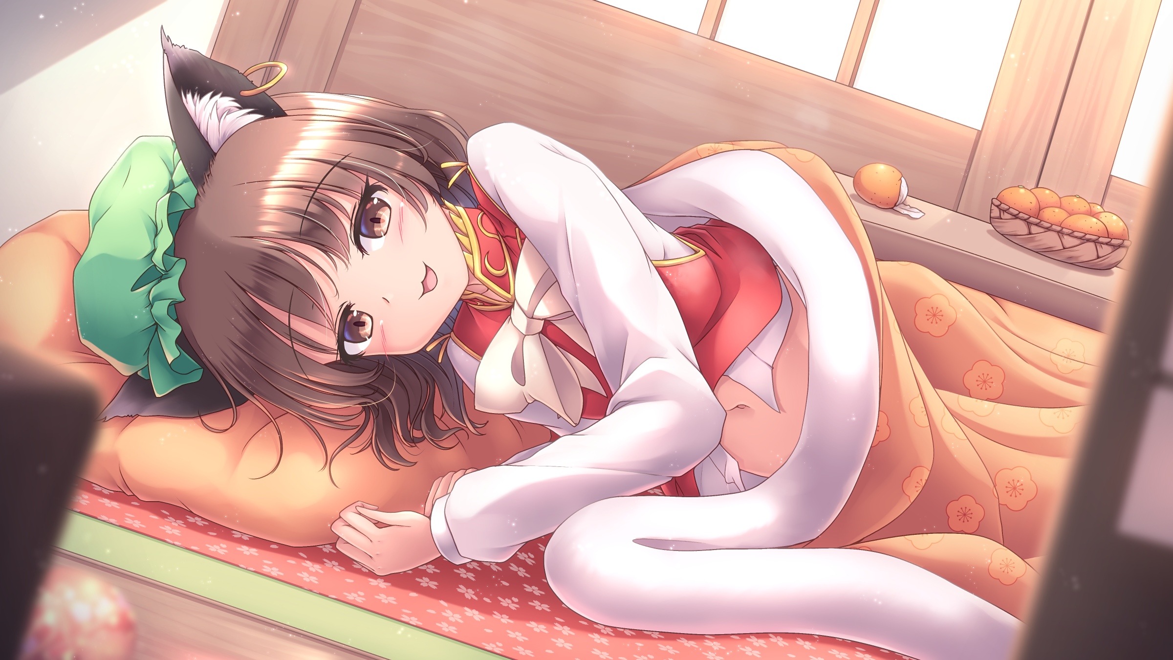 lzh, chen, touhou, commentary request, highres, paid reward available, psd available, 1girl, :3, animal ear piercing, animal ears, bow, bowtie, cat ears, collared shirt, earrings, food, fruit, green hat, hat, hoop earrings, jewelry, kotatsu, long sleeves, looking at viewer, lying, mandarin orange, midriff peek, mob cap, on side, open mouth, red vest, shirt, single earring, smile, solo, table, under kotatsu, under table, vest, white bow, white bowtie