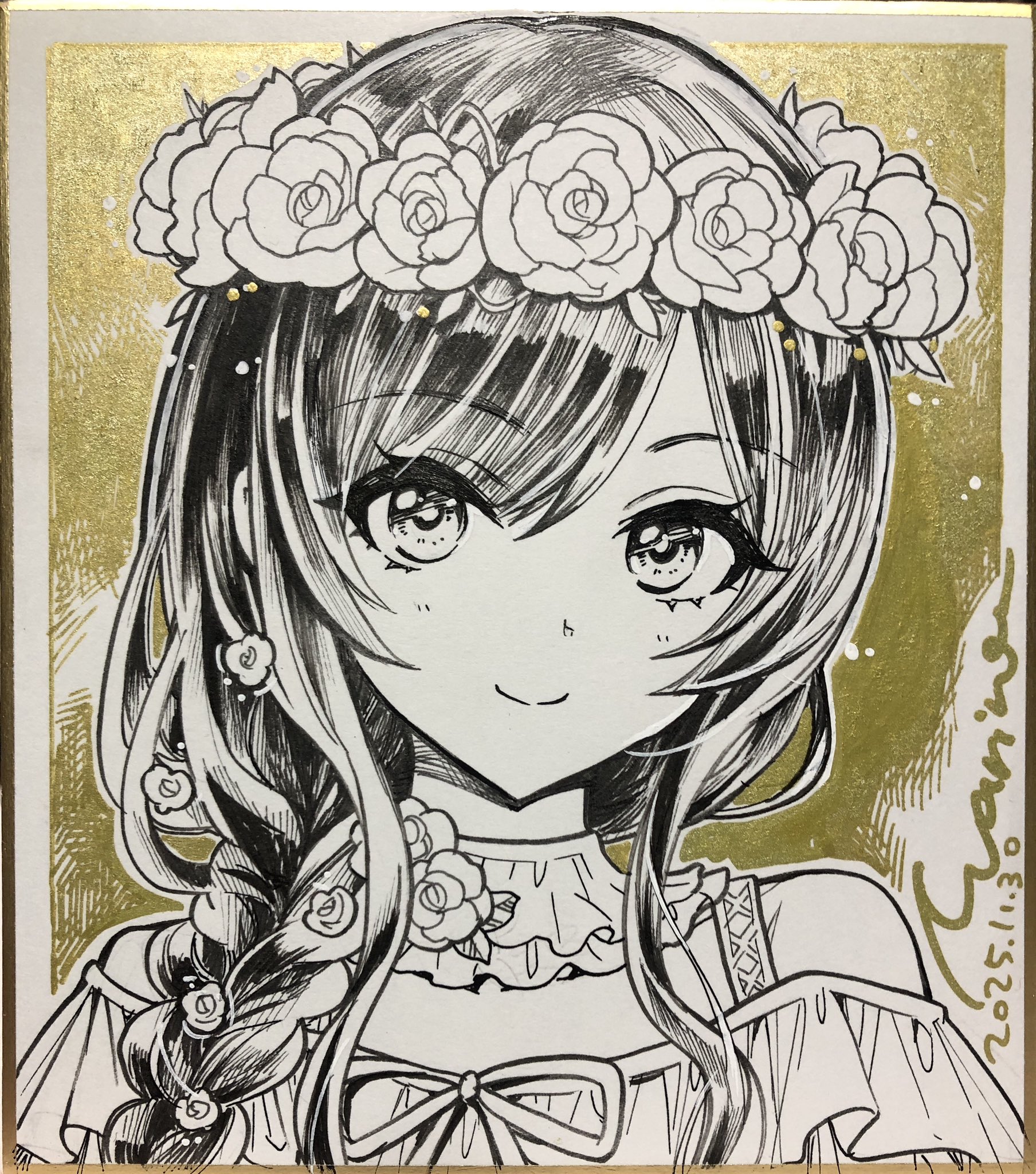 marine (confeitokobo), character request, commentary request, copyright request, highres, traditional media, 1girl, bare shoulders, braid, closed mouth, dated, hair between eyes, head wreath, light blush, long hair, looking at viewer, off-shoulder shirt, off shoulder, parted bangs, portrait, shirt, signature, single braid, smile, solo