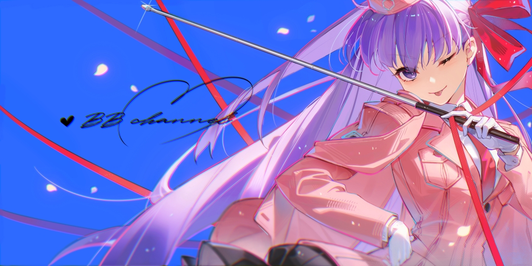 yado sakura, bb (fate), bb (wada arco exhibition) (fate), fate/extra, fate/extra ccc, fate (series), commentary, symbol-only commentary, 1girl, black skirt, blue background, blush, breasts, cape, collared shirt, dress shirt, garrison cap, gloves, hair ribbon, hat, jacket, large breasts, long hair, long sleeves, looking at viewer, necktie, one eye closed, pink cape, pink hat, pink jacket, pointer, purple eyes, purple hair, red ribbon, ribbon, shirt, skirt, smile, solo, tongue, tongue out, very long hair, white gloves, white shirt, wide sleeves