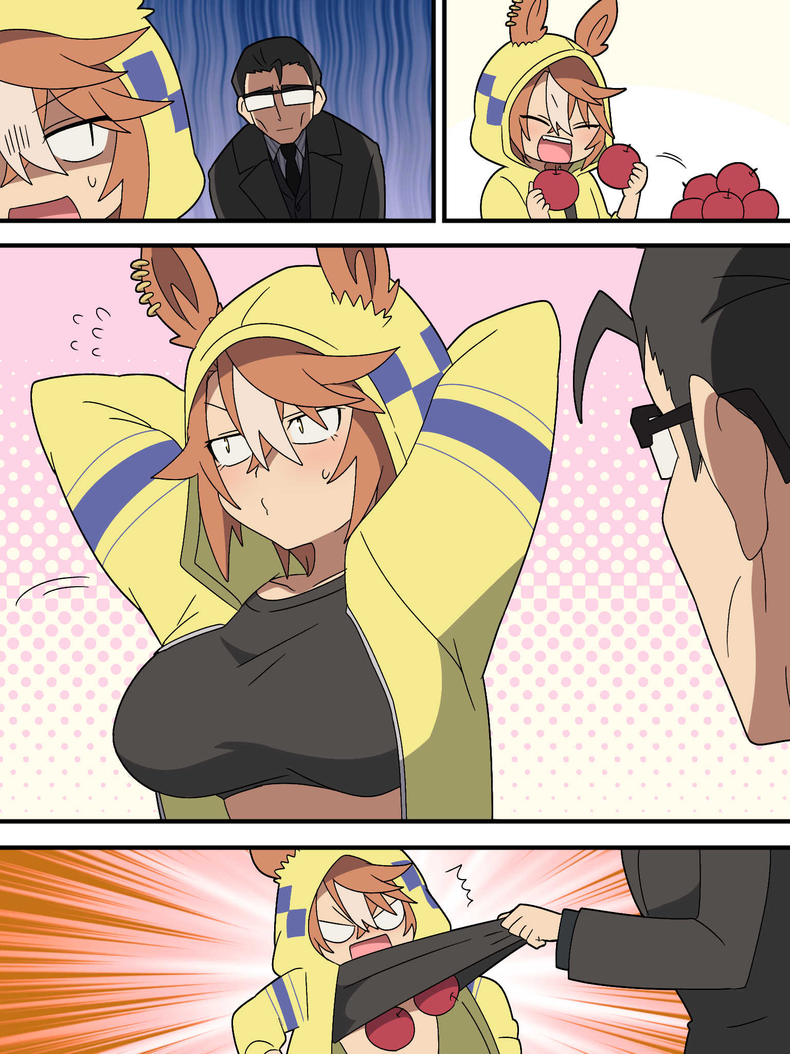 dicta striker (umamusume), umamusume, umamusume: cinderella gray, commentary request, highres, 1boy, 1girl, animal ears, apple, breasts, brown hair, clothes lift, ear ornament, ears through headwear, ears through hood, food, fruit, glasses, hair between eyes, ho 1000 ka, hood, hooded jacket, hoodie, horse ears, horse girl, jacket, kouchi tadashi, long sleeves, multicolored hair, open mouth, shirt, shirt lift, short hair, smile, streaked hair, white hair, yellow eyes, yellow hood, yellow hoodie, yellow jacket