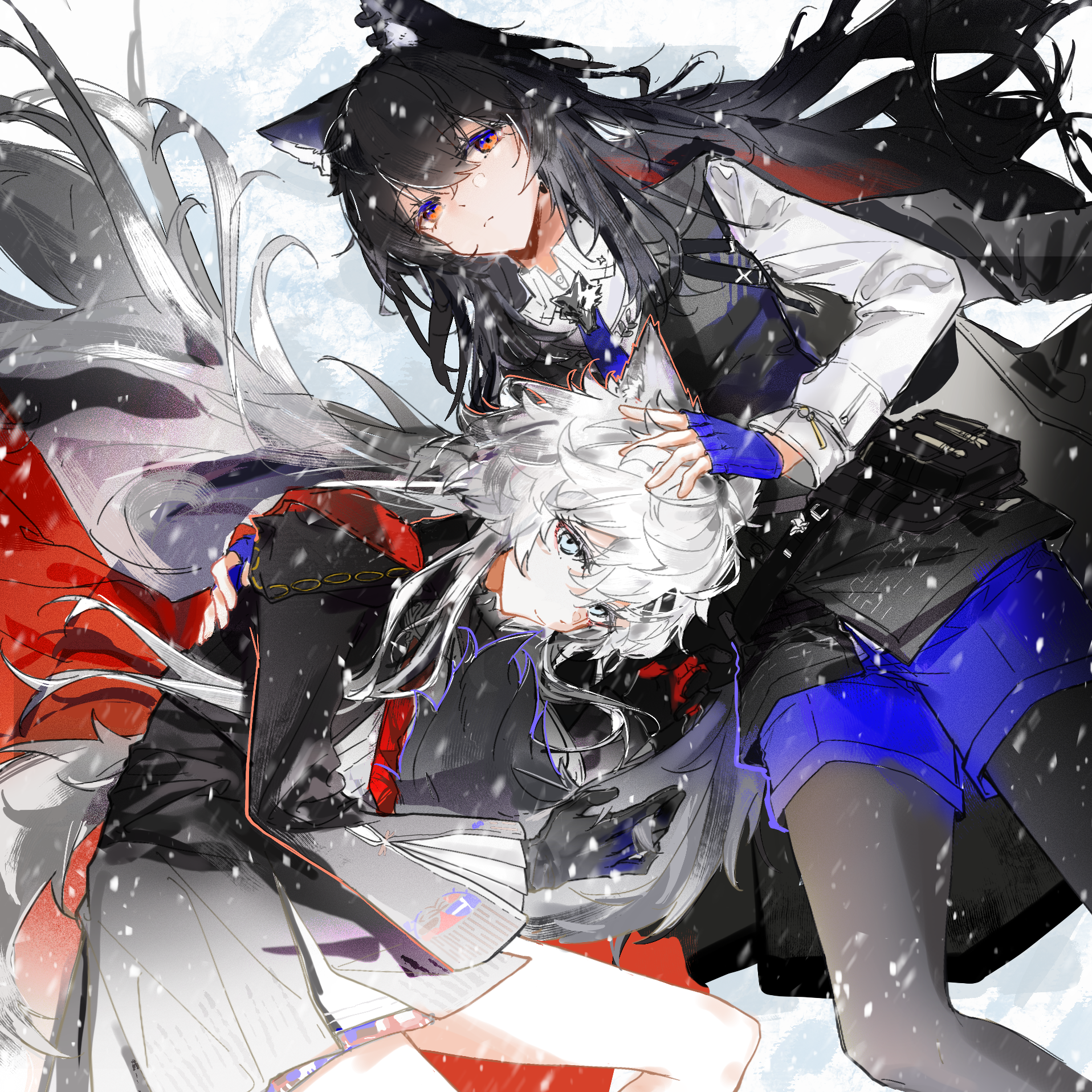 lappland (arknights), lappland the decadenza (arknights), texas (arknights), texas the omertosa (arknights), arknights, commentary, highres, symbol-only commentary, 2girls, animal ear fluff, animal ears, black cape, black hair, black jacket, black pantyhose, black skirt, black vest, blue gloves, blue necktie, blue shorts, cape, dianzi xiaoxiong, feet out of frame, fingerless gloves, gloves, grey eyes, grey hair, hair between eyes, hand on another's head, jacket, long hair, long sleeves, looking at viewer, lying, multiple girls, necktie, on back, on ground, on side, pantyhose, scar, scar across eye, scar on face, shirt, shorts, skirt, snow, snowing, vest, white shirt, wolf ears, wolf girl