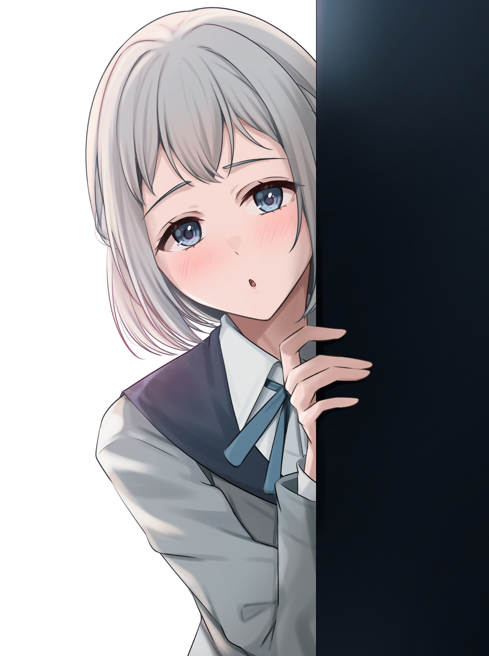 yuzuyu (hyui), katsuragi lilja, gakuen idolmaster, idolmaster, commentary request, highres, 1girl, :o, blue eyes, blue ribbon, blush, grey hair, hatsuboshi gakuen school uniform, jacket, looking at viewer, neck ribbon, peeking out, ribbon, school uniform, shirt, simple background, solo, white background, white jacket, white shirt