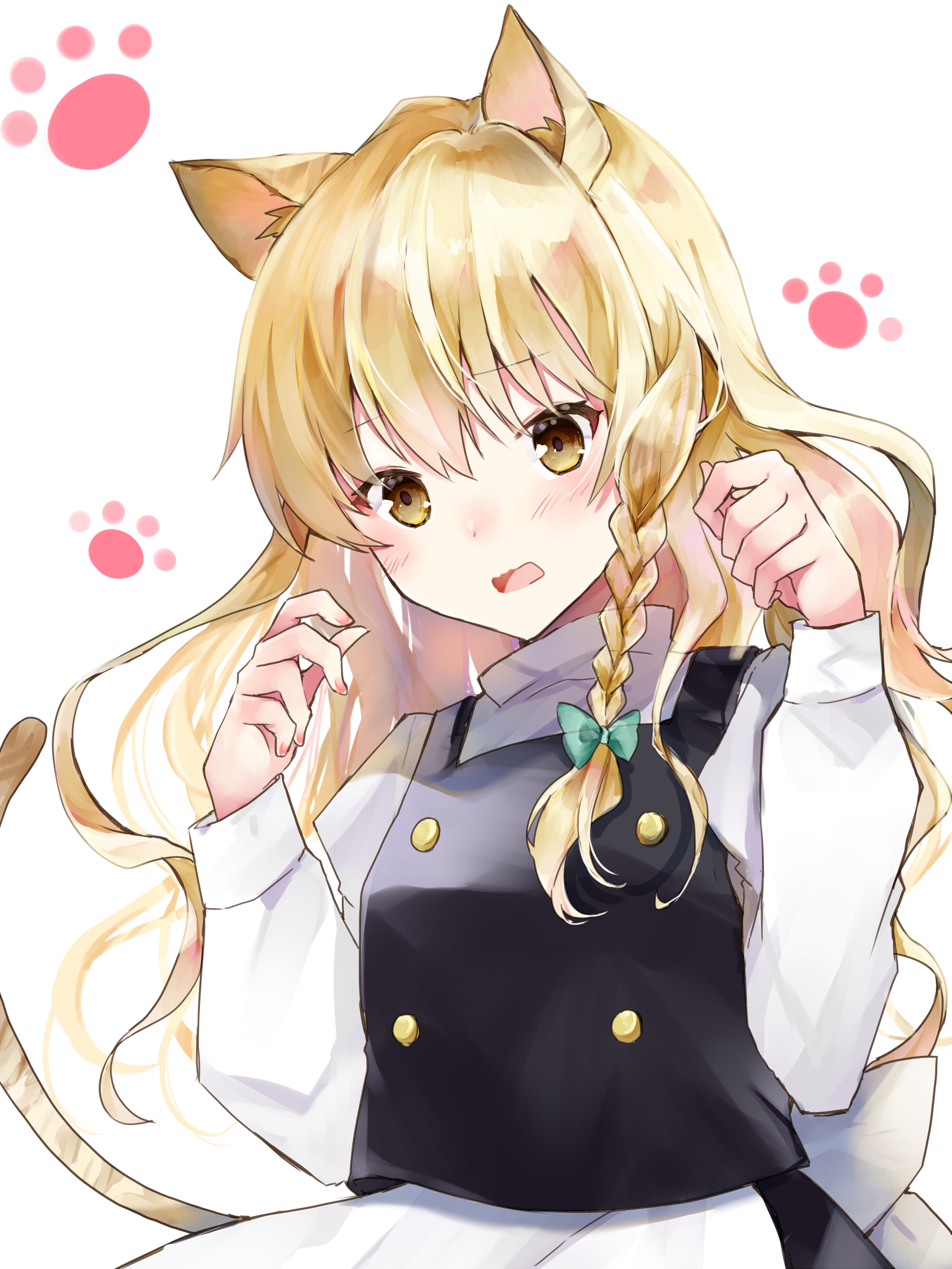 minatsuki yurara, kirisame marisa, touhou, absurdres, commentary request, highres, 1girl, animal ear fluff, animal ears, apron, black vest, blonde hair, blush, bow, braid, cat ears, cat girl, cat tail, green bow, hair bow, kemonomimi mode, long hair, long sleeves, looking at viewer, open mouth, side braid, single braid, solo, tail, very long hair, vest, waist apron, white apron, yellow eyes