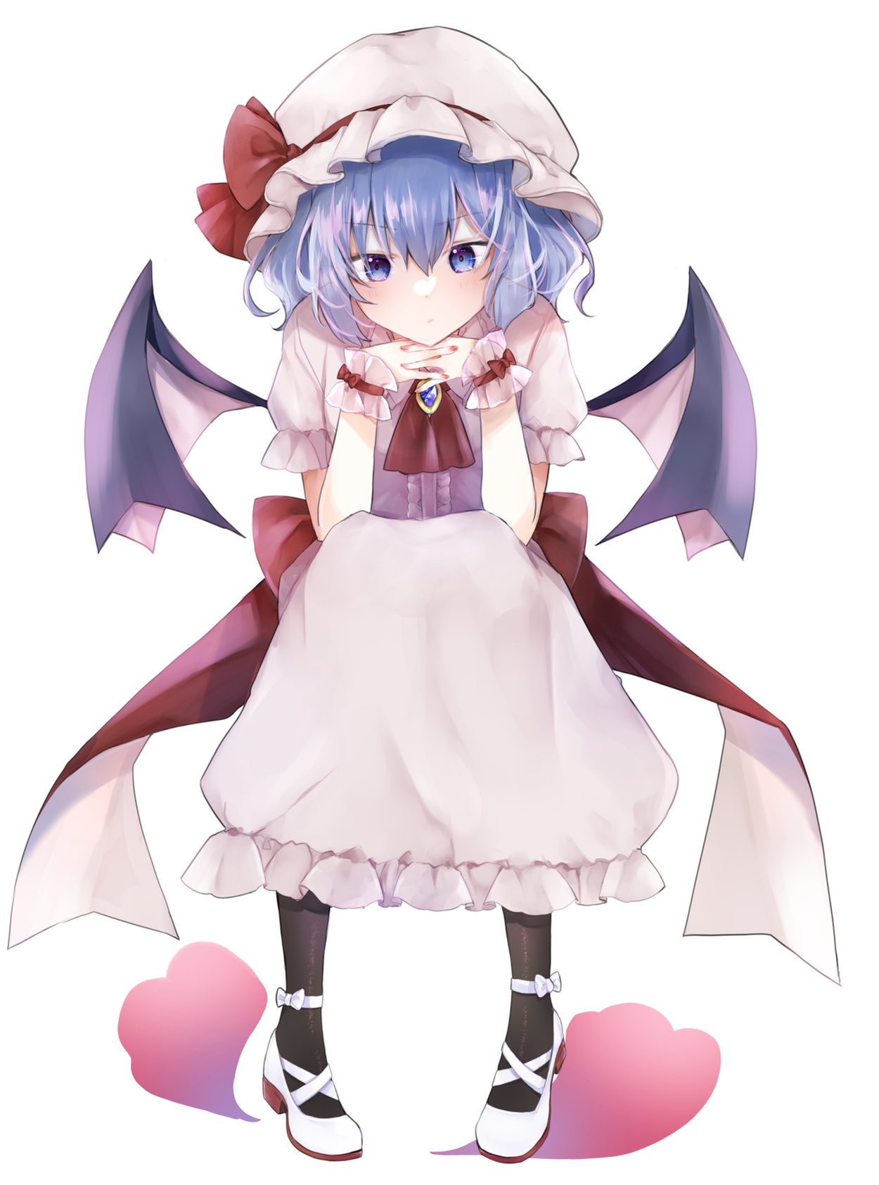 minatsuki yurara, remilia scarlet, touhou, commentary request, highres, 1girl, ascot, bat wings, black pantyhose, blue eyes, blue hair, brooch, center frills, closed mouth, frills, hat, hat ribbon, interlocked fingers, jewelry, looking at viewer, mob cap, own hands together, pantyhose, pink hat, pink shirt, pink skirt, puffy short sleeves, puffy sleeves, red ascot, red nails, ribbon, shirt, short sleeves, simple background, sitting, skirt, skirt set, socks, solo, white background, white socks, wings, wrist cuffs