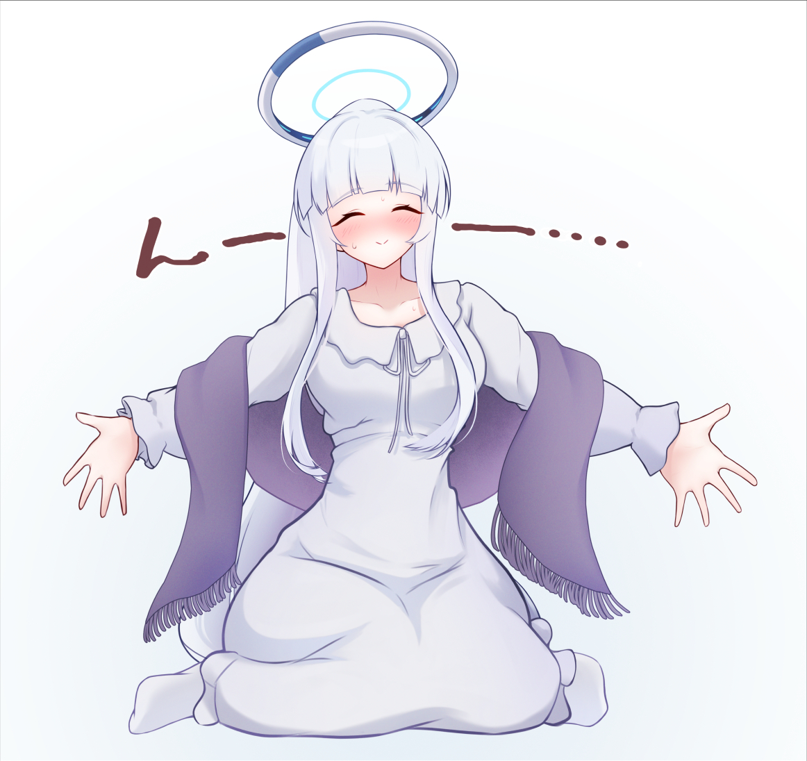 sopranino, noa (blue archive), noa (pajamas) (blue archive), blue archive, commentary request, 1girl, ^ ^, arched bangs, blunt bangs, blush, closed eyes, dress, facing viewer, grey hair, halo, long hair, nose blush, official alternate costume, outstretched arms, ponytail, purple shawl, shawl, simple background, sitting, sleepwear, smile, socks, solo, sweatdrop, very long hair, wariza, white background, white dress, white socks