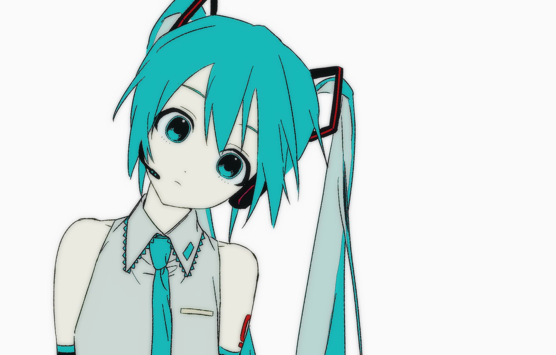 hatsune miku, vocaloid, highres, 1girl, aqua eyes, aqua hair, aqua necktie, aqua trim, arm tattoo, bare shoulders, black sleeves, closed mouth, collared shirt, detached sleeves, double-parted bangs, expressionless, flat chest, flat color, grey shirt, hair between eyes, head tilt, headset, light frown, looking ahead, looking at viewer, necktie, number tattoo, pale skin, ranxan0, red tattoo, shirt, sidelocks, simple background, solo, straight-on, tattoo, twintails, upper body, white background