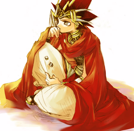 atem, yu-gi-oh!, yu-gi-oh! duel monsters, yuu-gi-ou, lowres, 1boy, baggy pants, cape, dice, jewelry, male focus, neck ring, pants, sitting, solo, white background