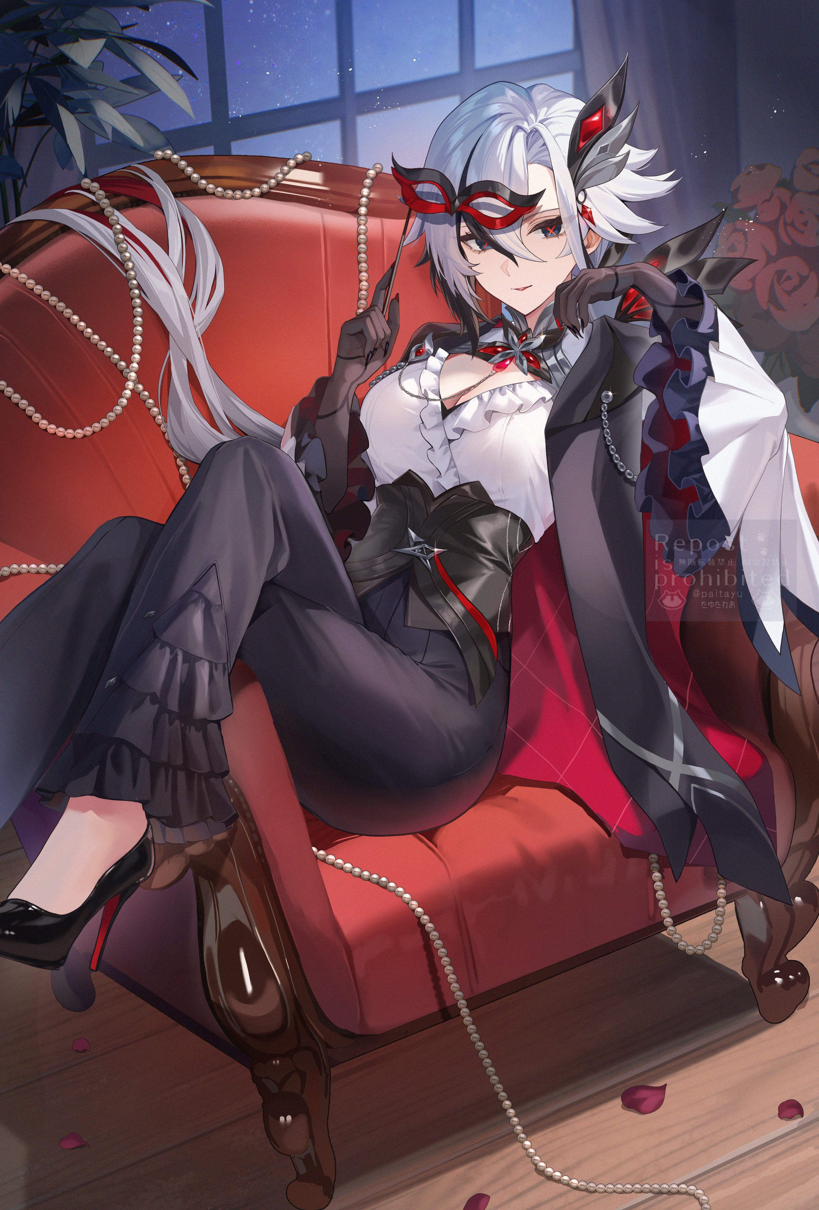 pi tayuko, arlecchino (genshin impact), genshin impact, absurdres, commentary request, highres, 1girl, alternate costume, black eyes, black hair, black hands, black pants, black shoes, breasts, cleavage, colored extremities, couch, crossed legs, high heels, indoors, looking at viewer, multicolored hair, on couch, pants, shirt, shoes, sitting, solo, streaked hair, symbol-shaped pupils, white hair, white shirt, x-shaped pupils