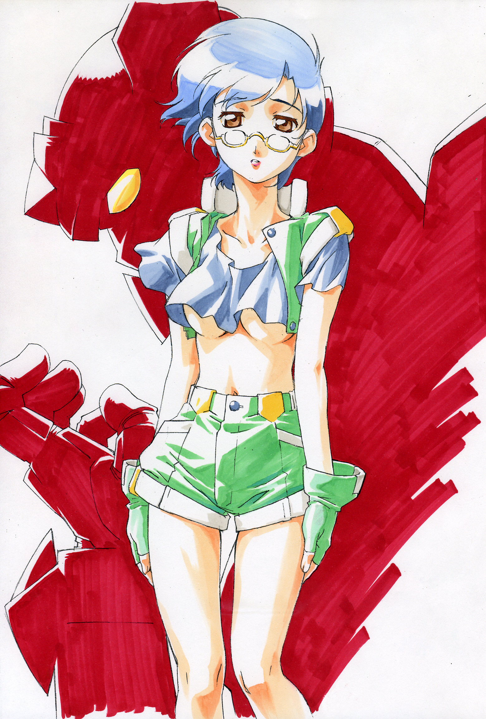 gorigo, original, character request, highres, 1girl, blue hair, breasts, brown eyes, fingerless gloves, glasses, gloves, mecha, midriff, navel, robot, shorts, simple background, underboob