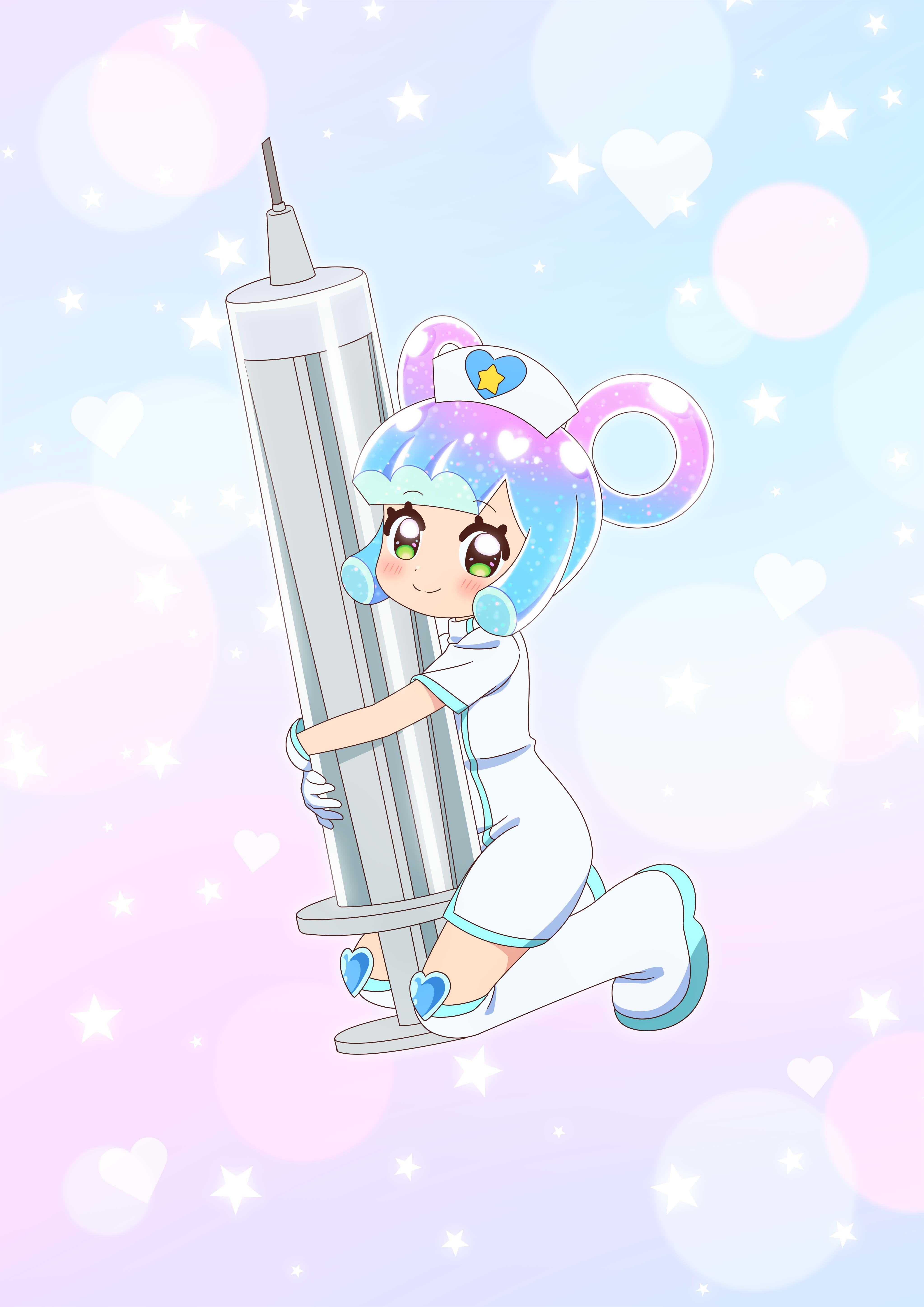 puniru (puniru wa kawaii slime), puniru wa kawaii slime, absurdres, artist request, highres, official art, second-party source, 1girl, blue background, blue hair, blush, boots, closed mouth, gloves, gradient background, green eyes, hair rings, hat, heart, holding, holding syringe, knee boots, large syringe, looking at viewer, nurse cap, oversized object, pink background, pink hair, short sleeves, slime hair, solo, split mouth, star (symbol), star symbol background, syringe, white boots, white gloves