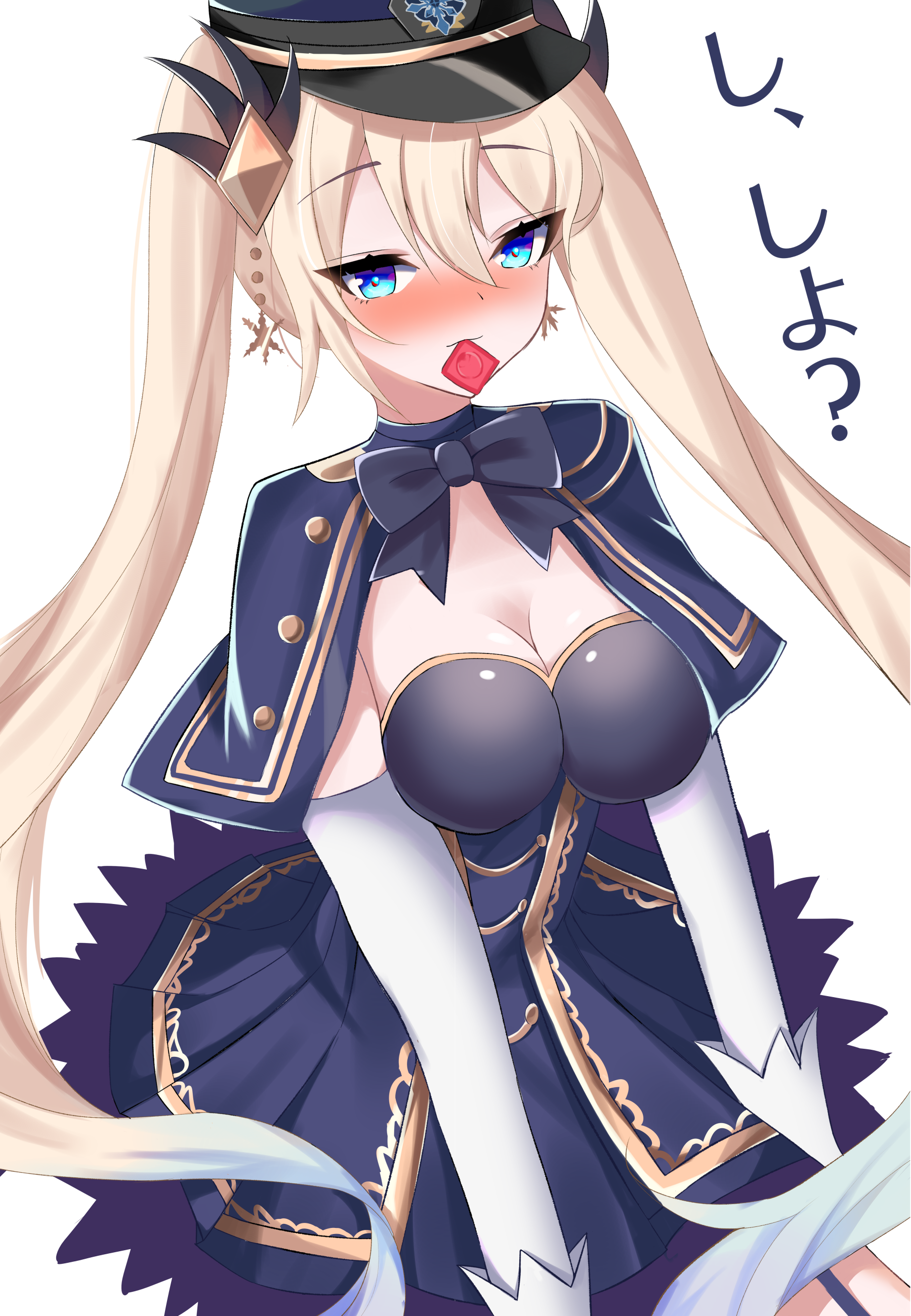 suketoudara (suketodara), chaos gerda (gakuen) (grimms notes), chaos gerda (grimms notes), grimms notes, grimms notes gakuen, translation request, 1girl, blonde hair, blue capelet, blue eyes, blush, breasts, capelet, cleavage, closed mouth, condom, elbow gloves, gloves, hair between eyes, large breasts, long hair, mouth hold, smile, solo, twintails, very long hair, white gloves