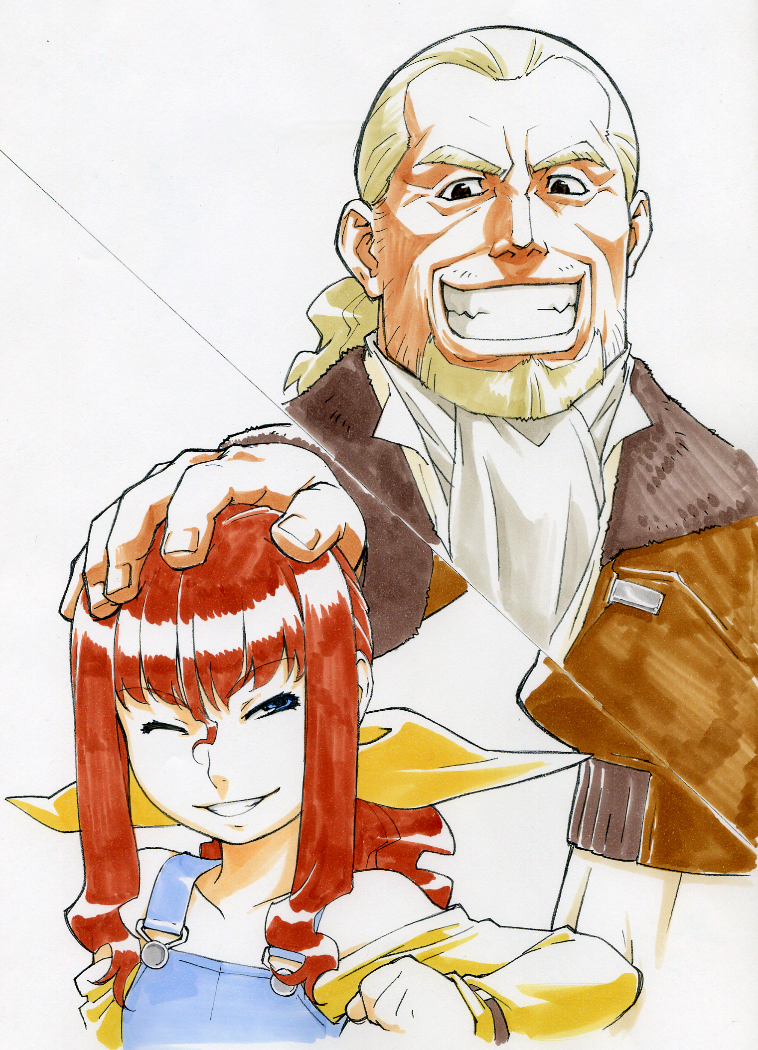 gorigo, franca dochley, mister, mister (coyote ragtime show), coyote ragtime show, highres, traditional media, 00s, 1boy, 1girl, bare shoulders, beard, black eyes, blue eyes, brown hair, drill hair, facial hair, grin, hair ribbon, headpat, one eye closed, overalls, ponytail, red hair, ribbon, simple background, smile, white hair, wink