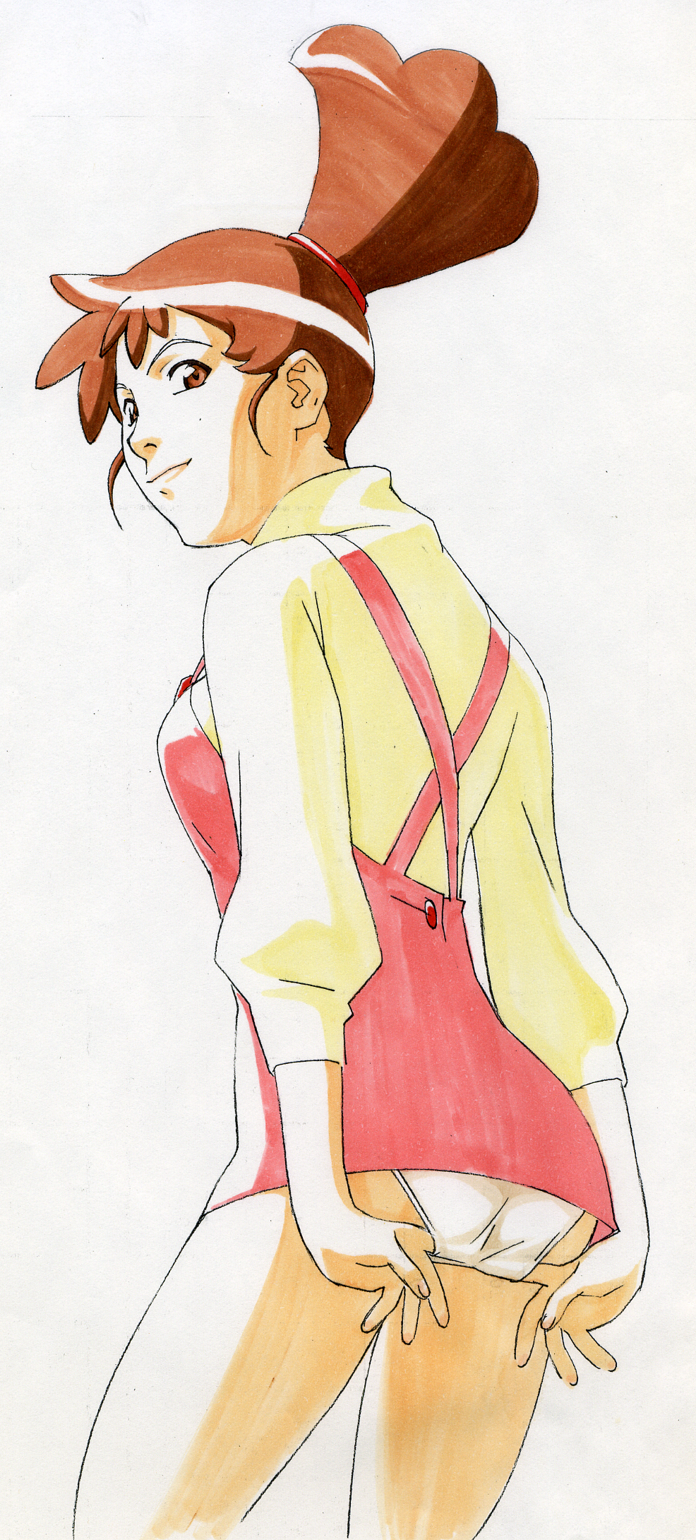 gorigo, highres, traditional media, 1girl, adjusting clothes, adjusting panties, ass, brown eyes, brown hair, female focus, from below, looking back, panties, pantyshot, ponytail, simple background, solo, underwear, upskirt, white panties