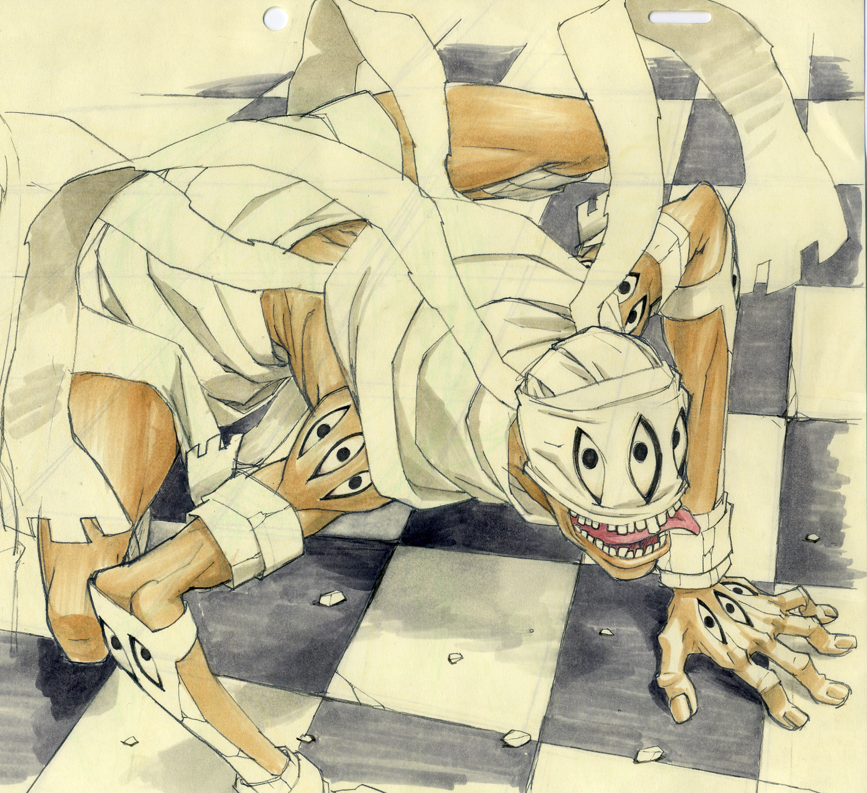 gorigo, asura (soul eater), soul eater, highres, traditional media, 00s, 1boy, all fours, bandages, checkered floor, eye focus, floor, male focus, open mouth, solo, teeth, tongue, tongue out
