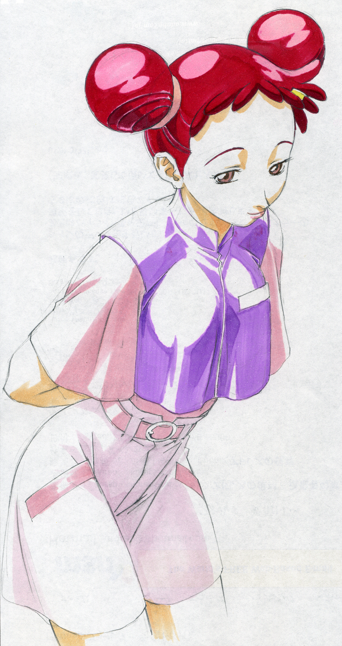 gorigo, harukaze doremi, ojamajo doremi, highres, traditional media, 1girl, aged up, double bun, female focus, hair bun, midriff, pink hair, shorts, simple background, solo