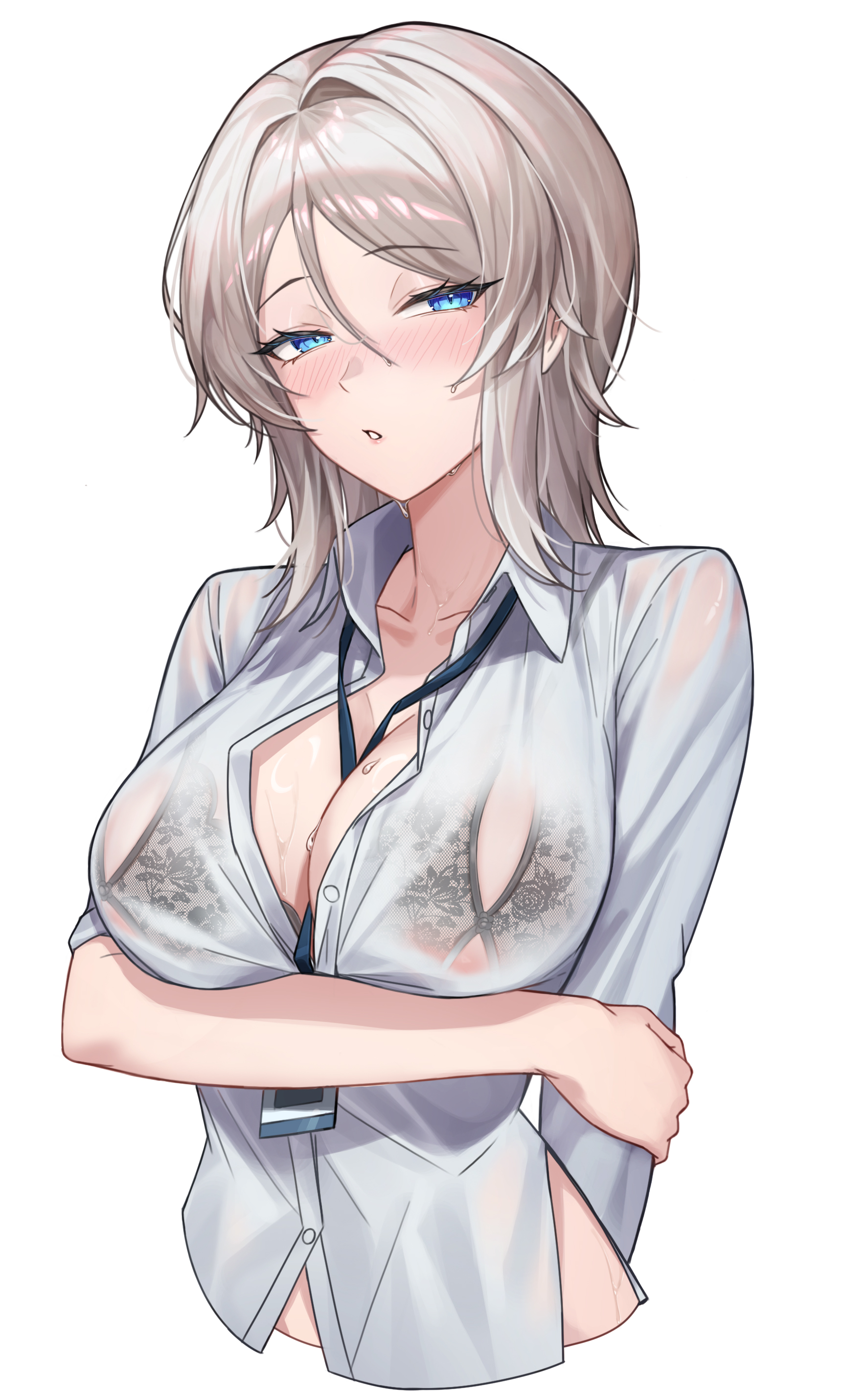 faust (project moon), limbus company, project moon, absurdres, hashtag-only commentary, highres, 1girl, areola slip, black bra, blush, bra, cupless bra, id card, long sleeves, looking at viewer, parted lips, short hair, simple background, solo, underwear, upper body, wet, wet clothes, white background, white hair, zer0big1