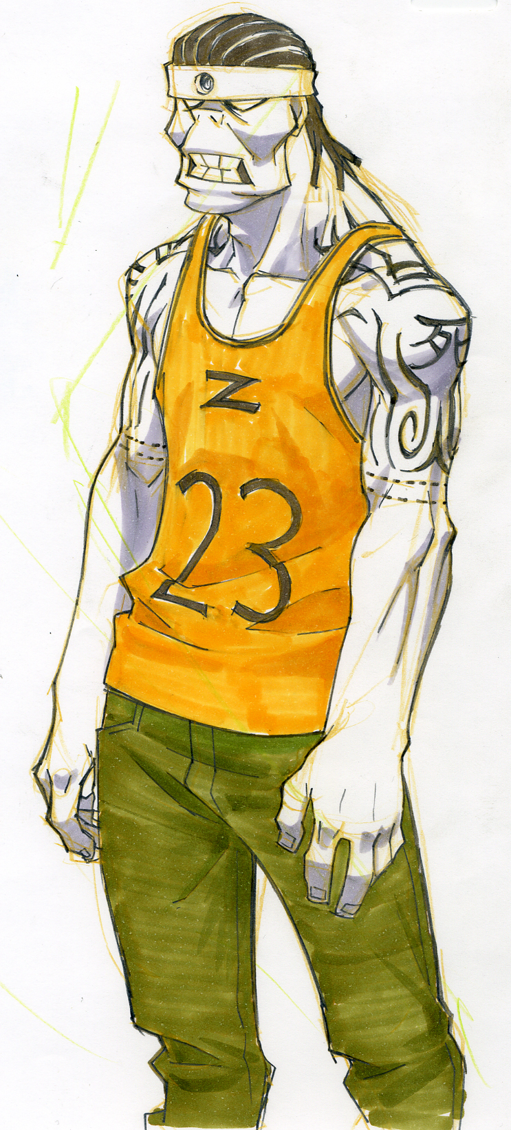 gorigo, sid barett, sid barret, sid barrett, soul eater, highres, traditional media, 00s, 1boy, arm tattoo, cropped legs, male focus, simple background, solo, tattoo, white background, zombie